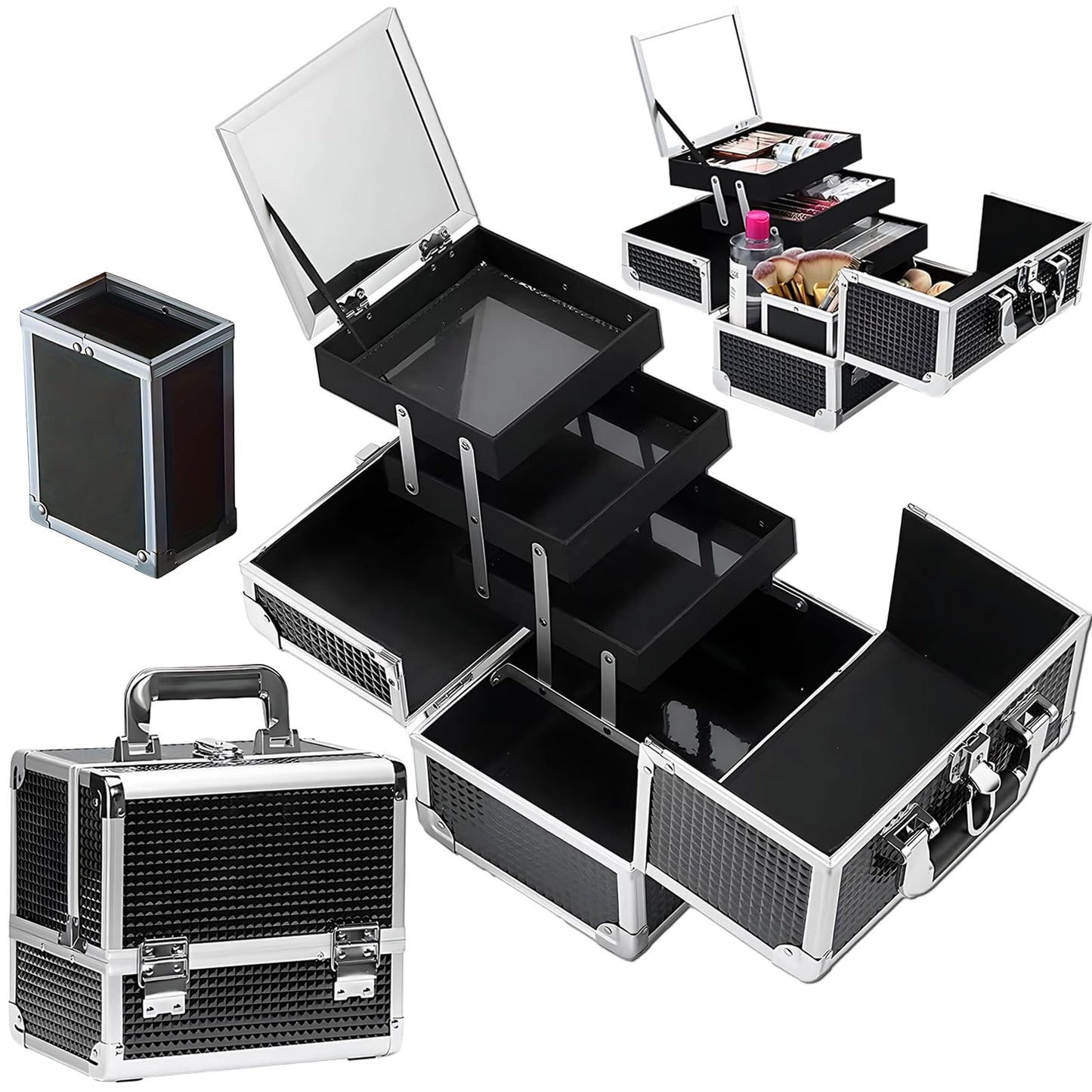 SIJEW Estuche de Tren de Maquillaje, Caja de Viaje Para Cosméticos, Caja Organizadora de Maquillaje con Espejo, 3 Bandejas, Oro Rosa, Organizador de Joyas Con Cerradura Portátil (Negro)