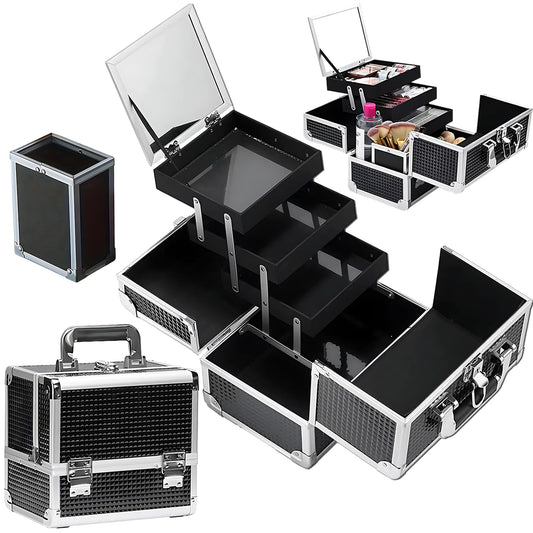 SIJEW Estuche de Tren de Maquillaje, Caja de Viaje Para Cosméticos, Caja Organizadora de Maquillaje con Espejo, 3 Bandejas, Oro Rosa, Organizador de Joyas Con Cerradura Portátil (Negro)