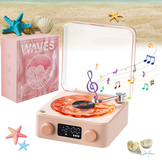 Bocina Vinilos Waves Bluetooth, Tocadiscos Portátil Inalámbrico Con Reproductor Vintage, Lámpara Aurora Boreal y Hora - Mejor Regalo para Niña