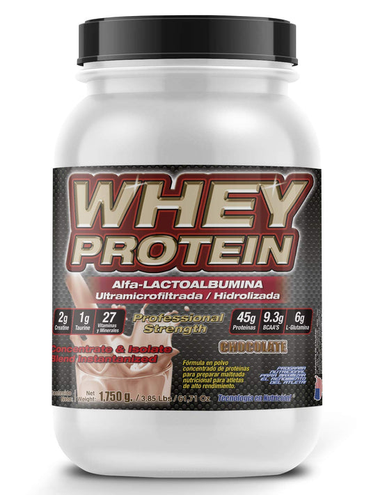 WHEY PROTEIN: Lactoalbúmina de suero de leche (CHOCOLATE, 1,750gr)