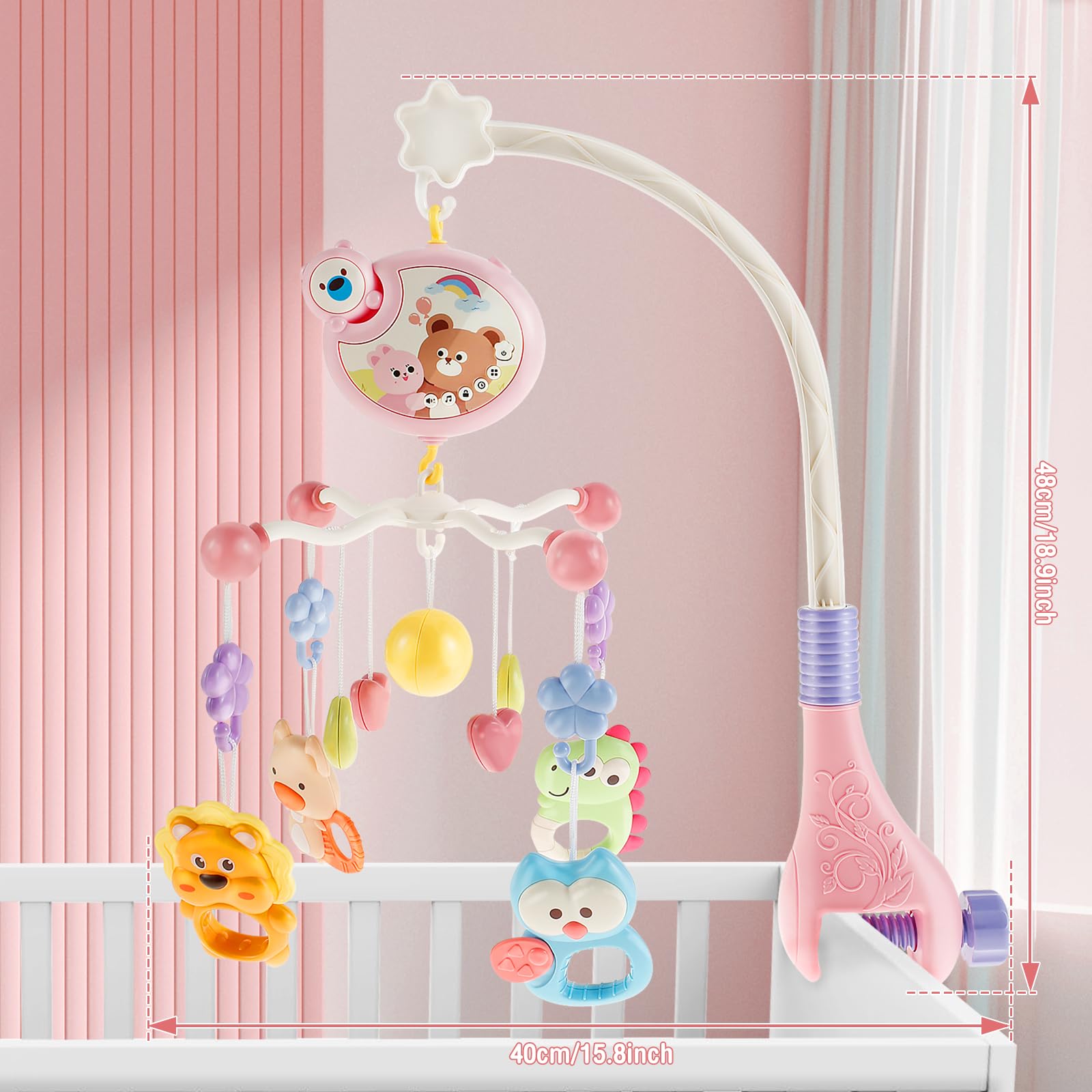 Móvil para cuna musical, juguetes colgantes para cuna con música y luces nocturnas, móvil para cuna de bebe rotación de 360° para bebé, regalo para recién nacidos (rosa)