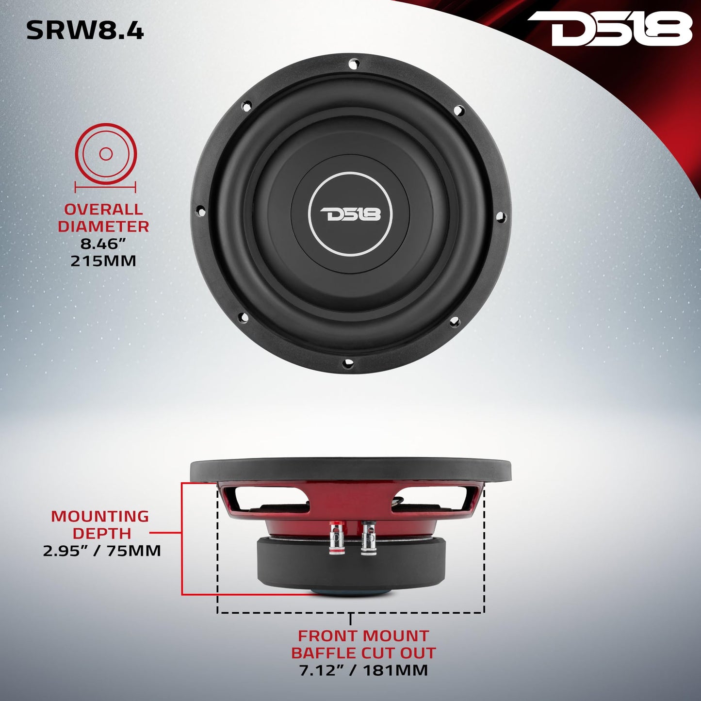 DS18 SRW8.4 8 Subwoofer para automóvil Poco Profundo - 300 vatios, Bobina de Voz única, 4 ohmios (1 Altavoz)