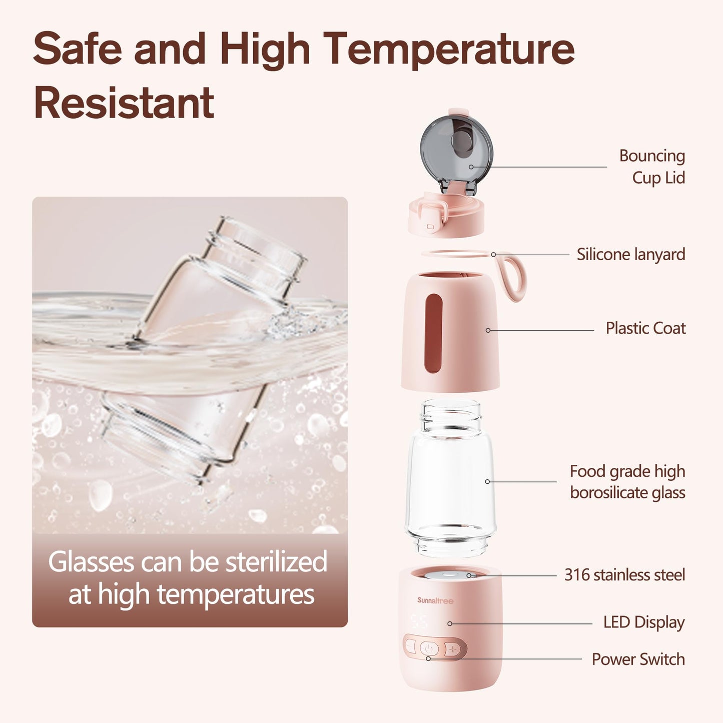 Calentador de biberones portátil rosa para viajes, calentador de leche para bebés con batería de 15000 mAh, recipiente para fórmula para llevar, calentamiento rápido para leche materna y fórmula, carga rápida e inalámbrico