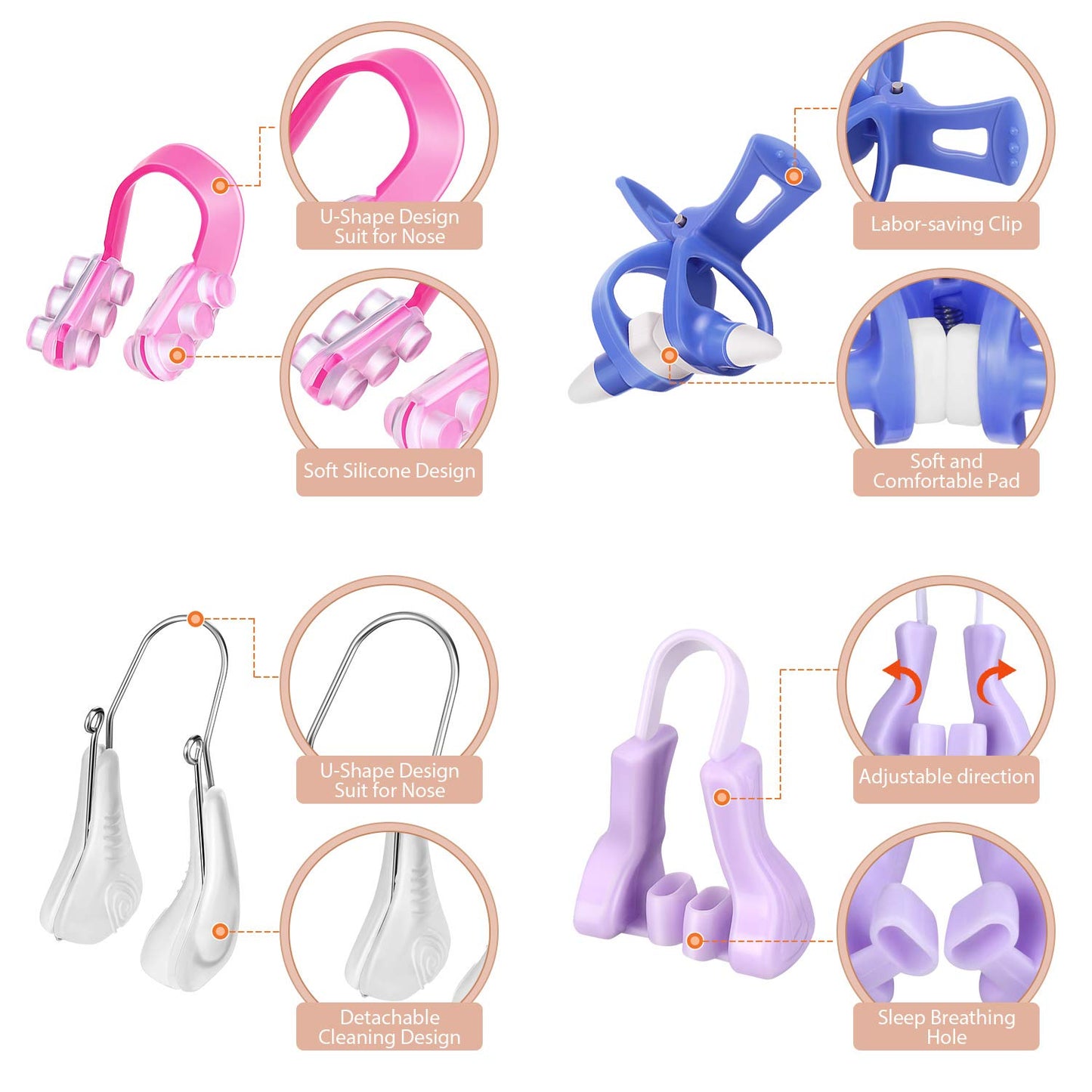 Juego de 4 clips de elevación de nariz de silicona con clip de seguridad para levantamiento de nariz, puente de nariz, clips de adelgazamiento para mujeres