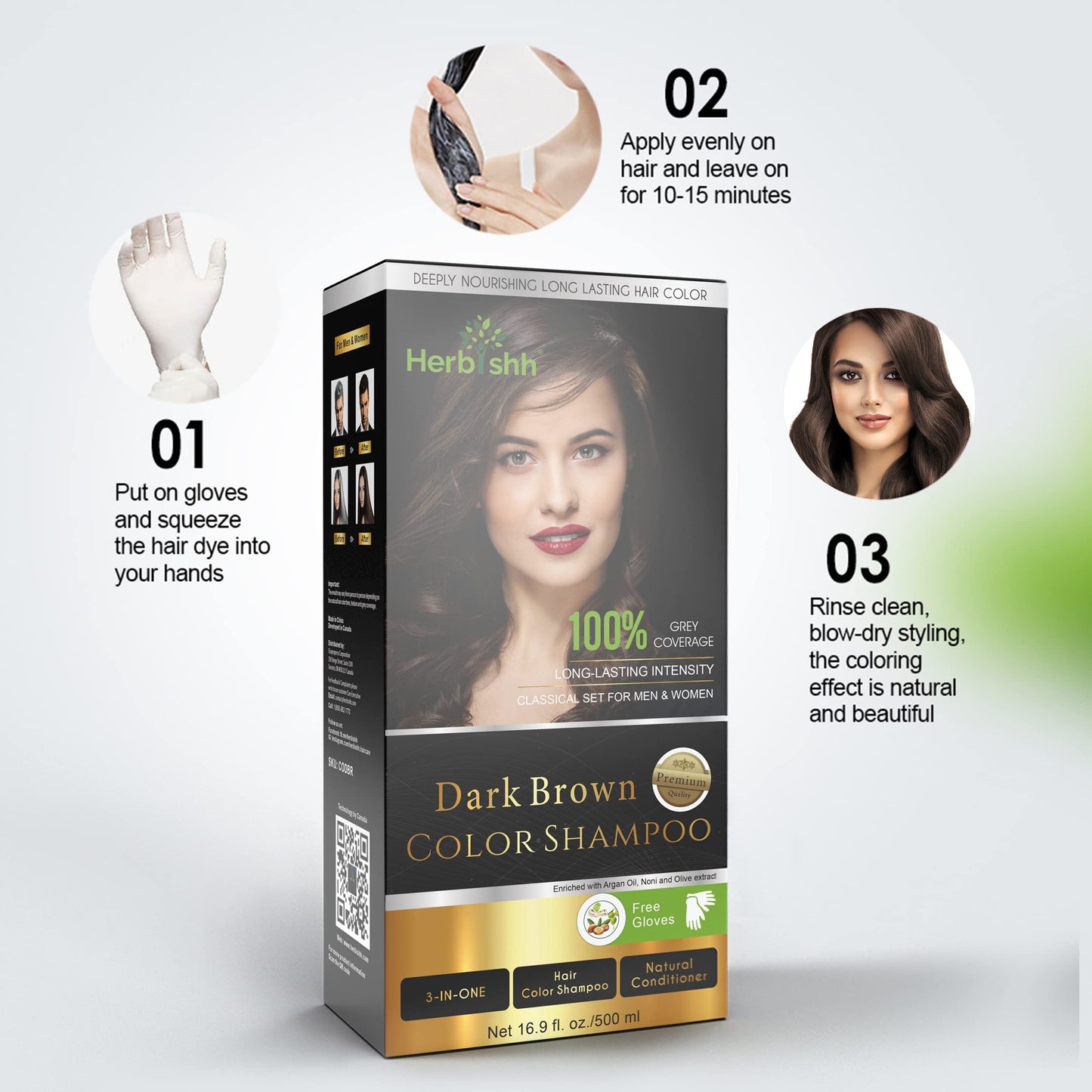 Herbishh - Champú colorante para cabello gris, champú con tinte natural para el cabello, colorea el cabello en minutos, dura hasta de 3 a 4 semanas, 500 ml, tinte de cabello 3 en 1, sin amoniaco | (marrón oscuro)