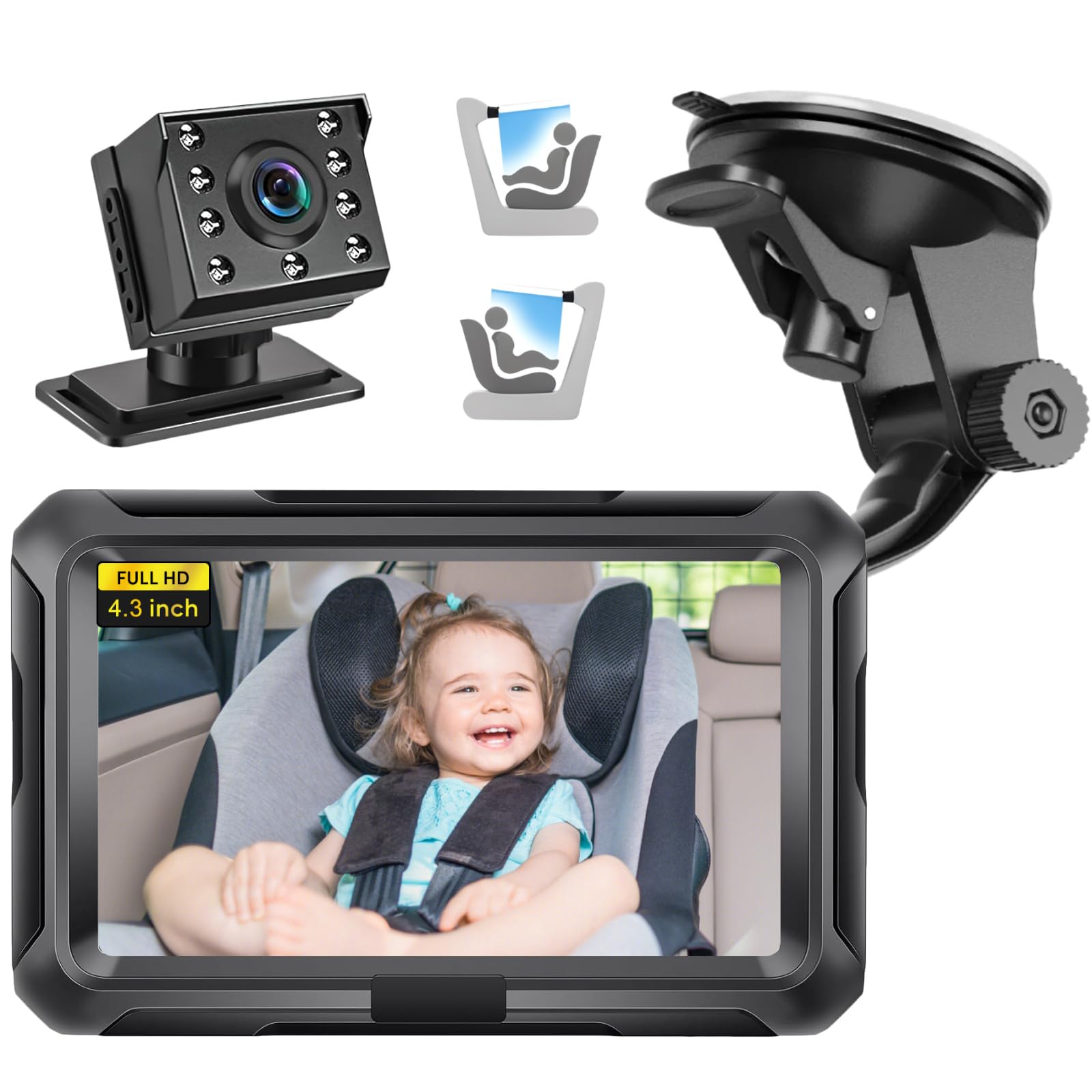 Bebé Coche Espejo, Cámara Coche Bebé Asiento Trasero HD 1080P con Visión Nocturna, Ángulo de Visión Amplio de 150°, Espejo de Coche para Bebés con Giratorio 360°,Espejo Retrovisor Coche Pantalla 4.3''
