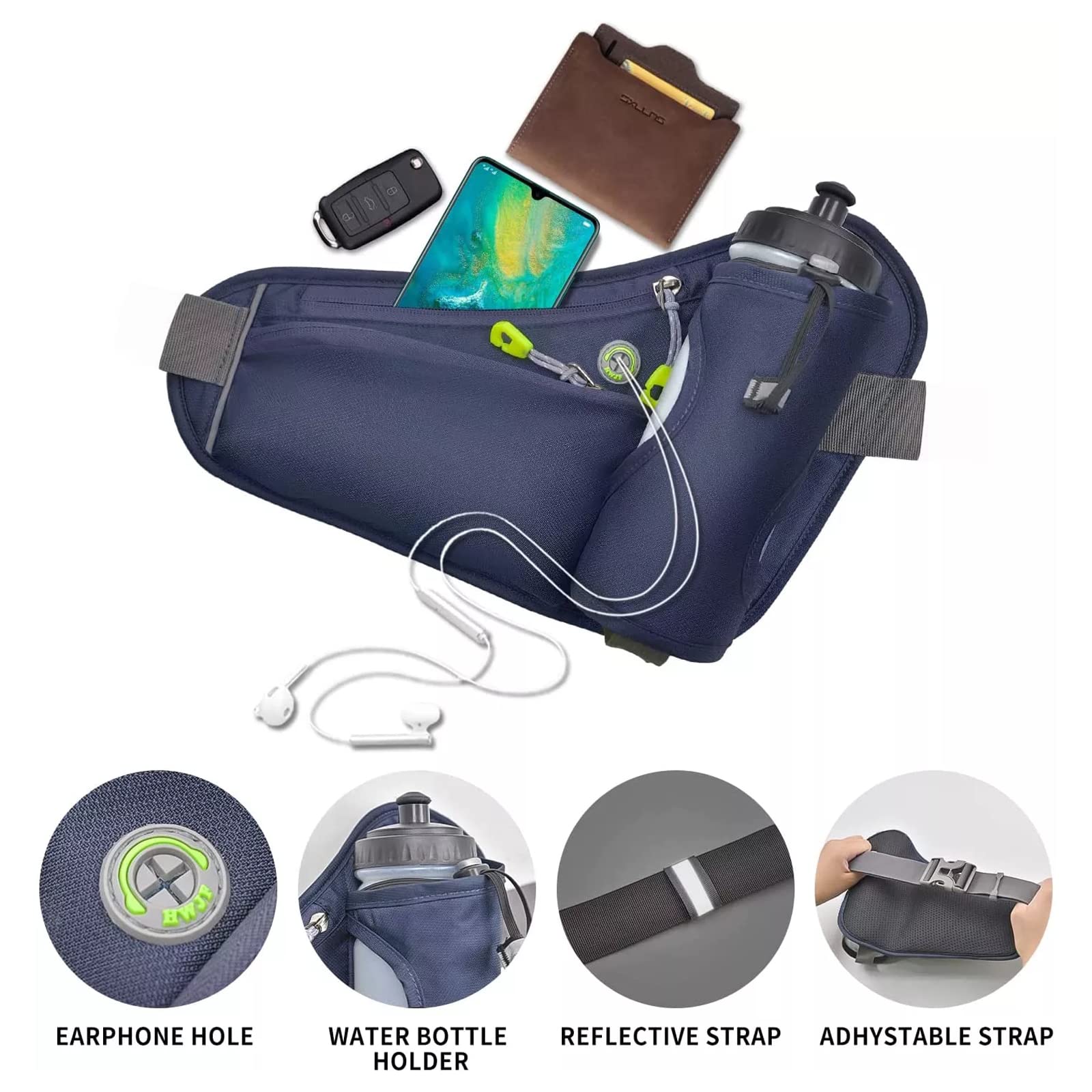 HOTEMIA Riñonera con soporte para botella de agua para hombres y mujeres, correr, senderismo, camping, ciclismo, se adapta a todos los teléfonos (botella no incluida), Negro -, Una talla, Deporte