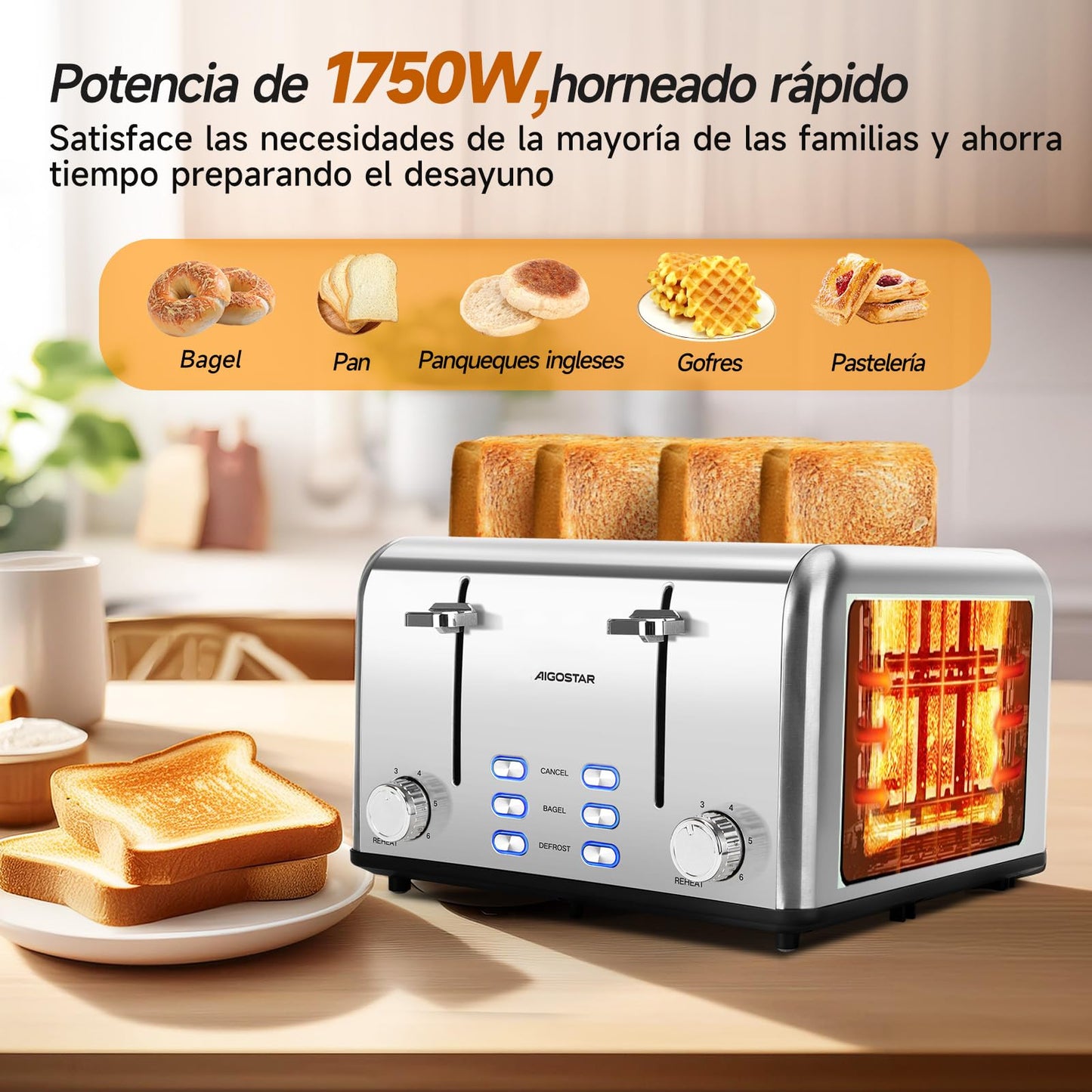 Aigostar Tostadora de Acero Inoxidable, 4 Rebanadas, Ranuras Extra Anchas, 6 Niveles de Tostado, Funciones de Cancelación/Descongelación/Recalentamiento/Bagel, Bandeja de Migas Extraíble