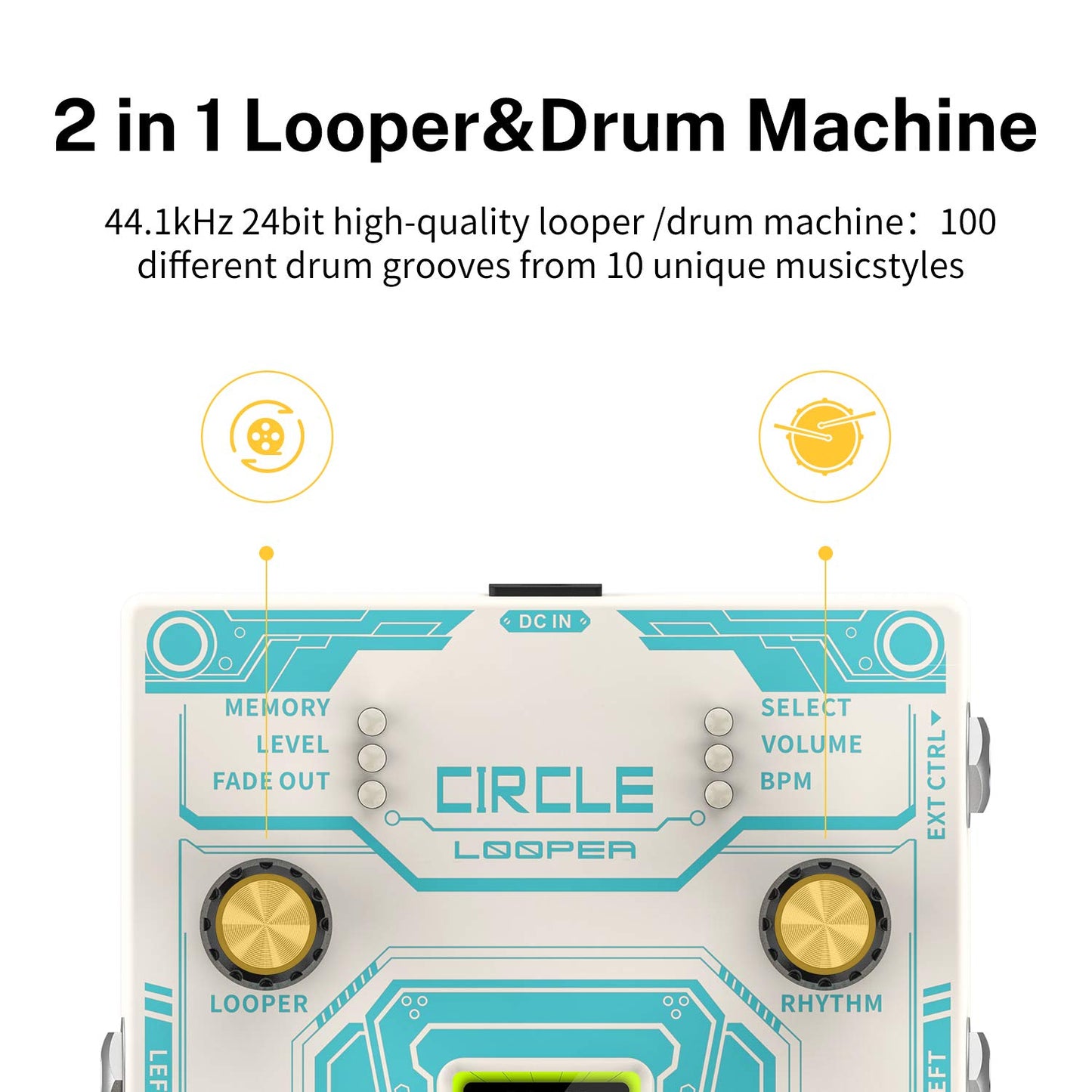 Donner - Pedal de guitarra con máquina de tambor, 40 ranuras de 160 minutos de tiempo de bucle estéreo de bucle, 110 ranuras de tambor, toque tempo, desvanecimiento - Circle Looper