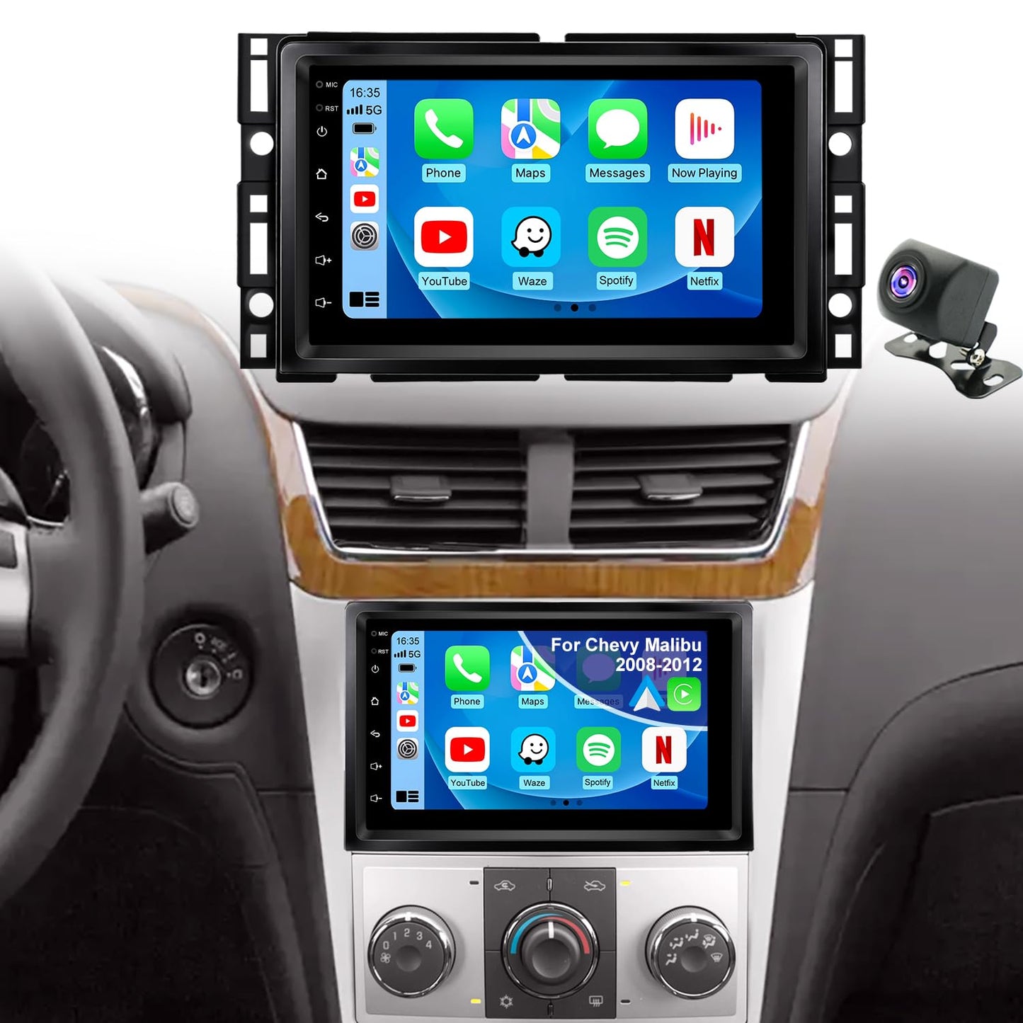 Actualización de Radio para Automóvil 5G WiFi para Chevy Chevrolet Malibu 2008 2009 2010 2011 2012, Principal Estéreo con Pantalla Táctil de 7 Pulgadas con CarPlay Inalámbrico, Android Auto, GPS
