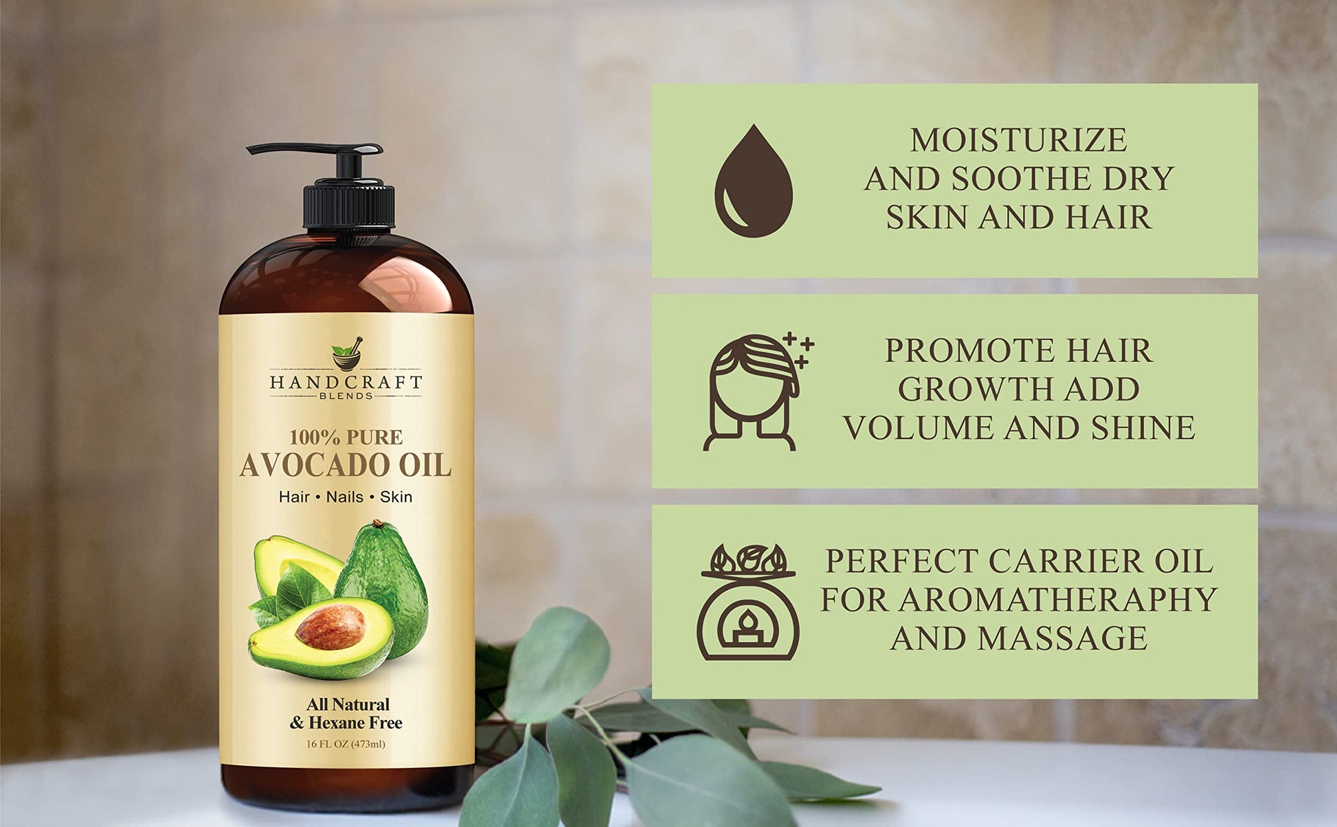 Handcraft Blends Aceite de aguacate artesanal 16 onzas líquidas, 100% puro y natural, aceite para el cabello, aceite portador para aromaterapia, aceite de masaje, hidratante corporal y piel y lubricante, prensado en frío, sin hexano, botella puede variar