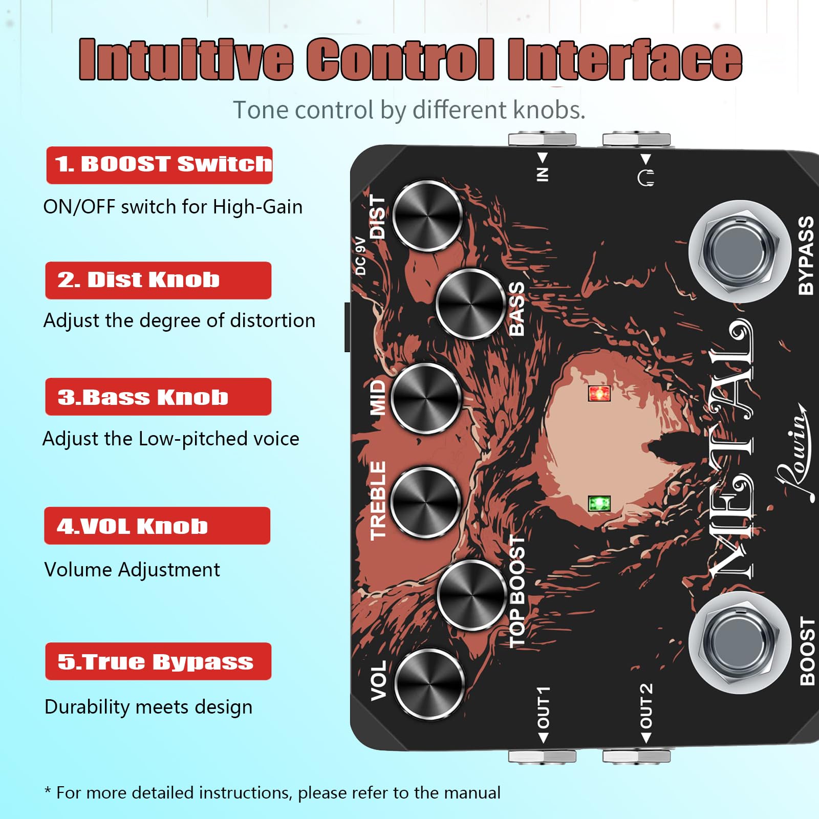 Pedal de Efecto para Guitarra Rowin LTL-03 Metal con True Bypass y Caja Metálica Completa