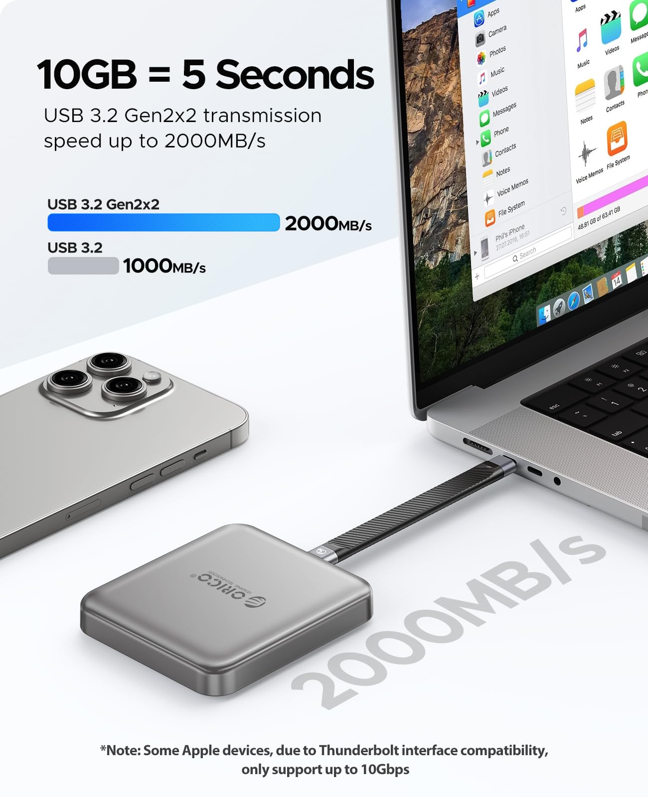Unidad de Estado Sólido SSD 2 TB ORICO Gris Magnética hasta 2000 MB/s para Smartphone, Tablet y Ordenador