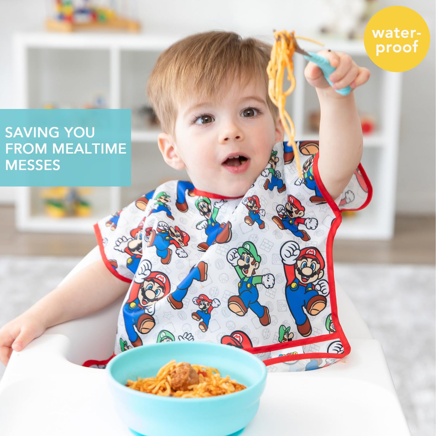 Bumkins - Babero de manga corta para Nintendo Super Mario para niñas o niños, niños pequeños y niños durante 1 a 3 años, tamaño grande, imprescindible para niños pequeños, comer, jugar, delantal de