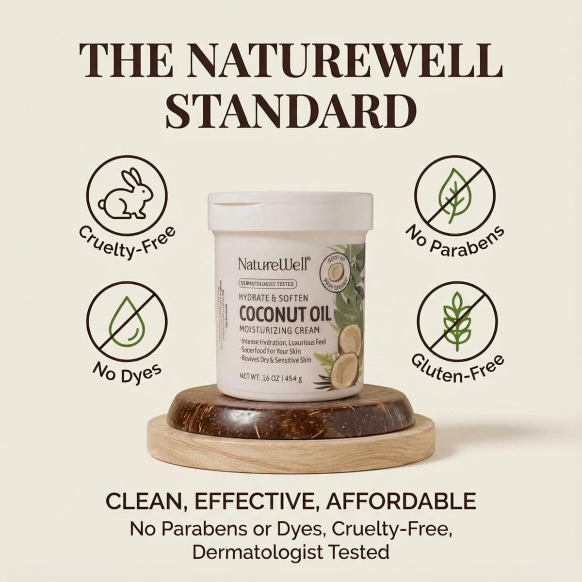 NatureWell Crema Humectante de Aceite de Coco Extra Virgen, 453.6 gr / 16 oz