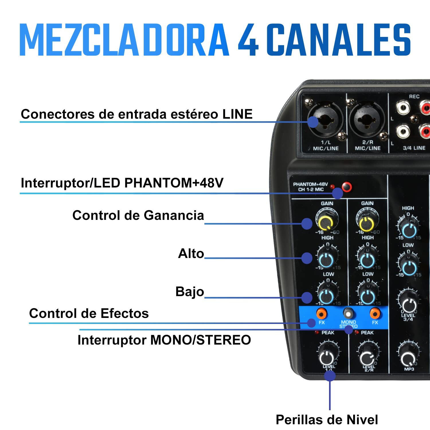AUDIOTEK Mezcladora de Sonido 4 Canales Control de Efectos Mixer USB Interfaz Bluetooth DJ Potencia de 10 W Conexion Audifonos Phantom Power Consola de Audio Mezcladoras Reproductor y Grabador MP3