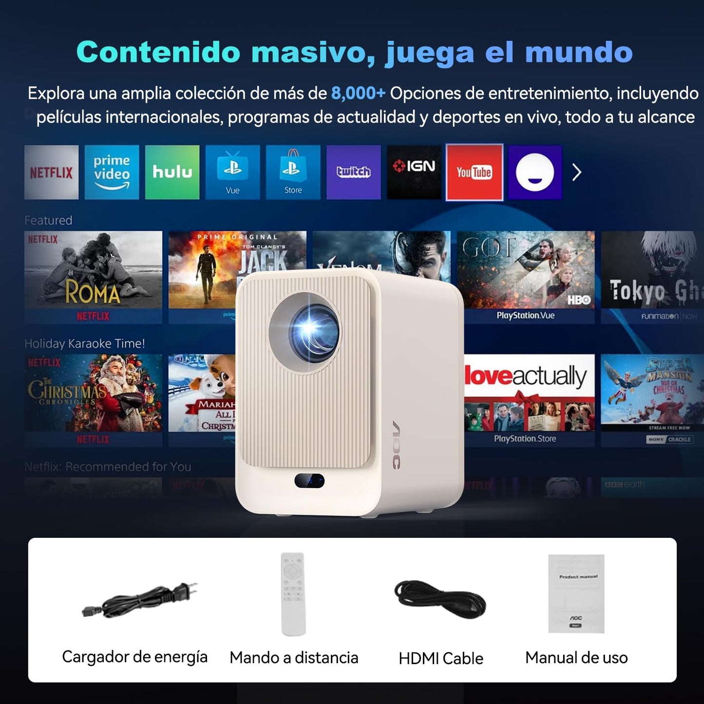 AOC 1080P Proyector Inteligente,300 ANSI & 12000 lúmenes,Enfoque automático y Android 12 Proyectores con Wifi6 y Bluetooth5,proyector portátil teléfono & HDMI,para Uso doméstico y Exterior