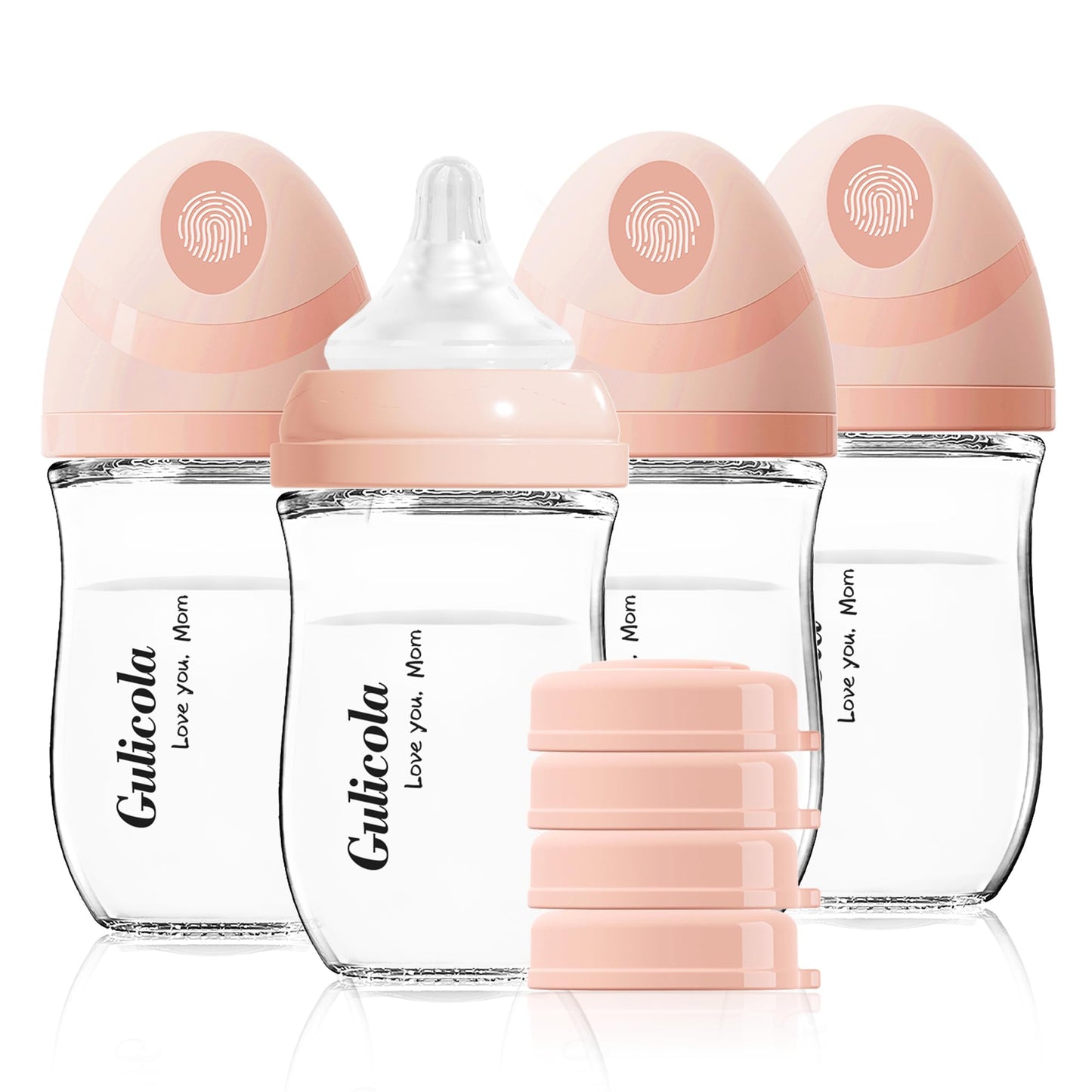 Gulicola - Biberón de vidrio natural para bebé, paquete de 4 biberones de lactancia materna para recién nacidos, juego de regalo, pezones de flujo extra lento (SS), anticólicos, 0 meses, 5 onzas, color rosa