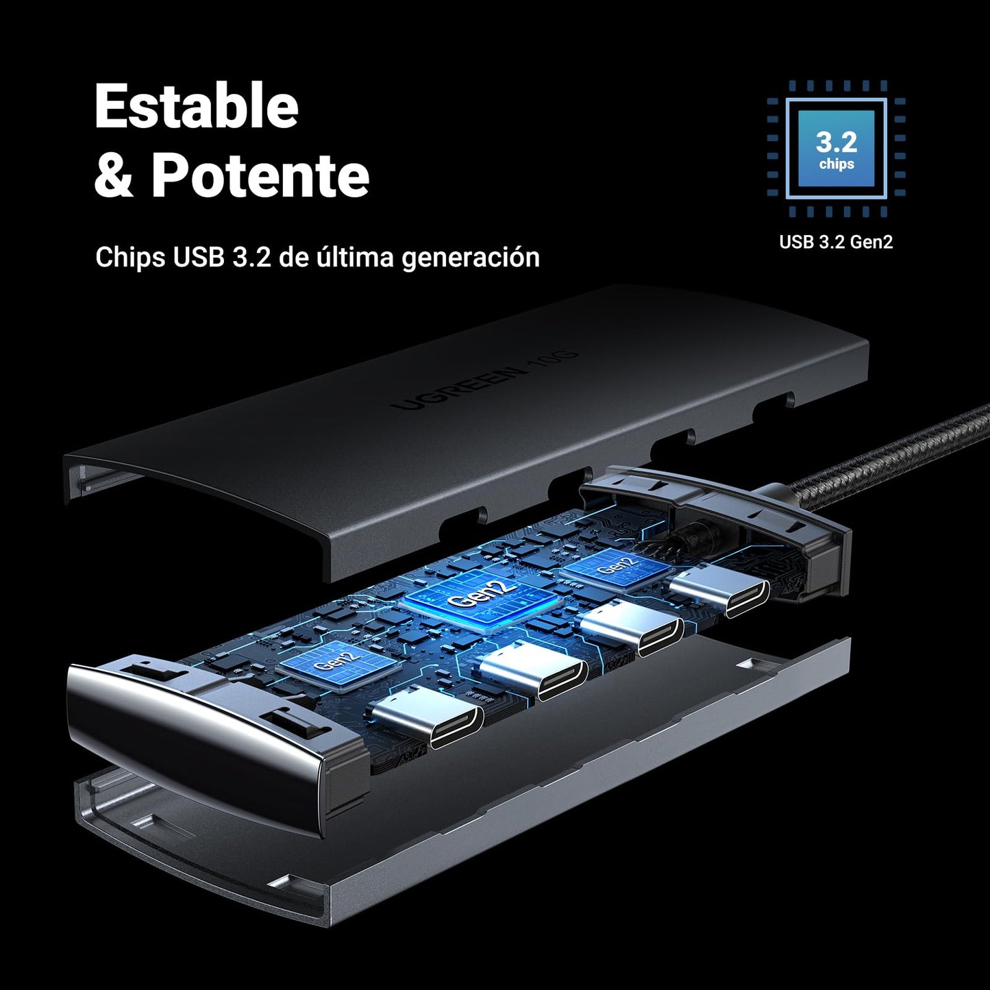 Hub USB C UGREEN 3.2 Gris con 10Gbps y 4 Puertos Compatible con MacOS, iOS, Windows y Android