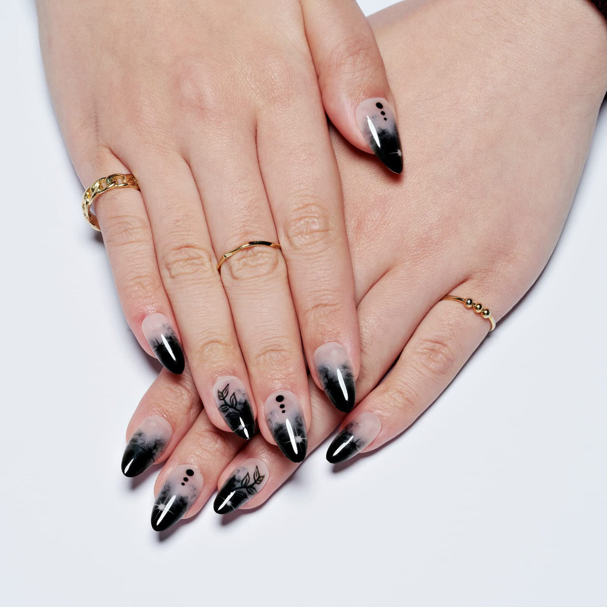 GLAMERMAID Presione En Las Uñas Medio Almendra, Halloween Gótico Negro Ombre Francés Punta Pegamento En Uñas de Gel, 24 Piezas Corto Stiletto Acrílico Uñas Postizas Kits Reutilizables Cubierta Complet