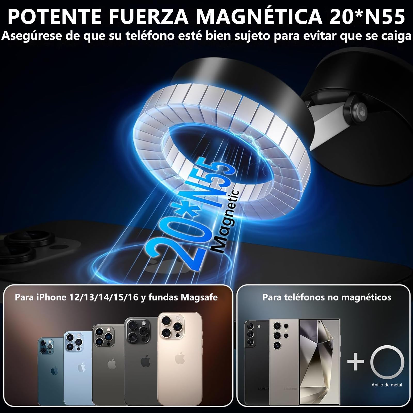 Soporte para Celular Vacuum Magnetic Negro de Rotación 360 Grados, Plegable y Retráctil para Todo Tipo de Superficie