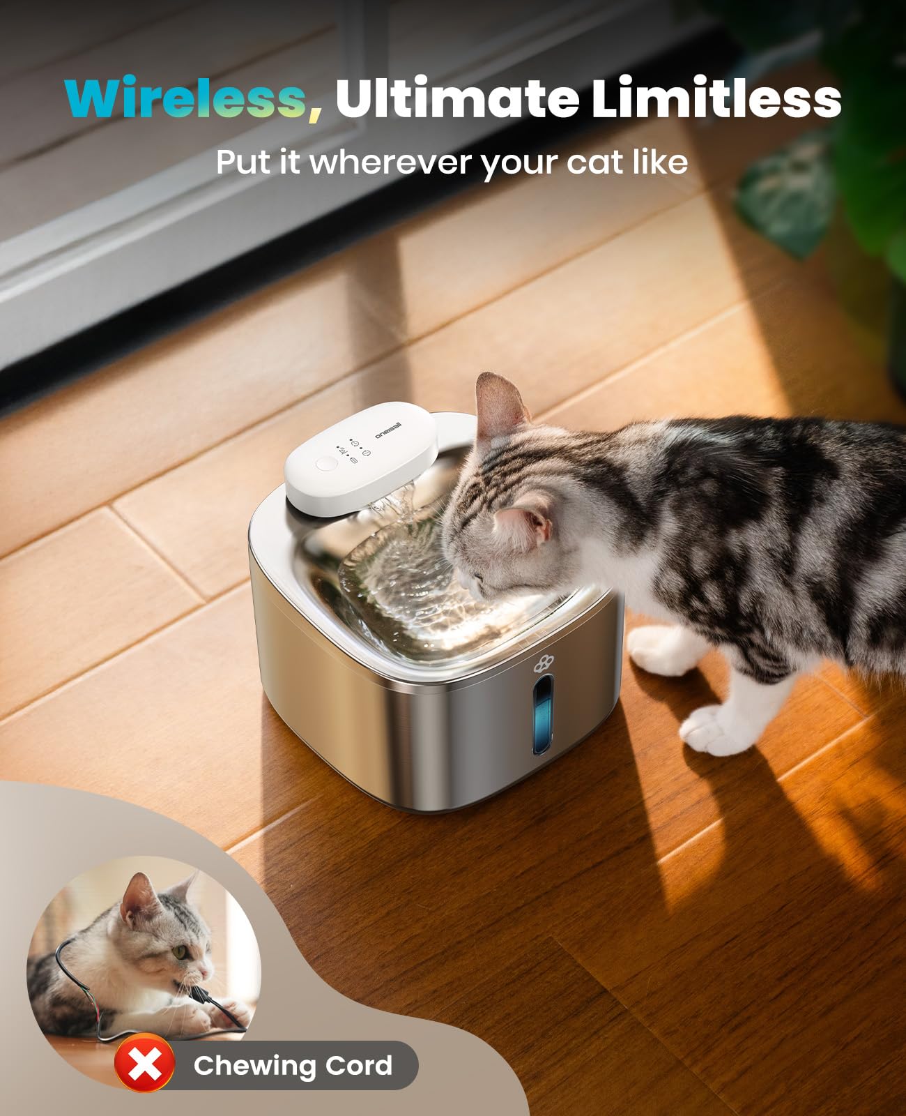Fuente de Agua Inalámbrica oneisall Acero Inoxidable con Filtros de Repuesto para Gatos en Interiores
