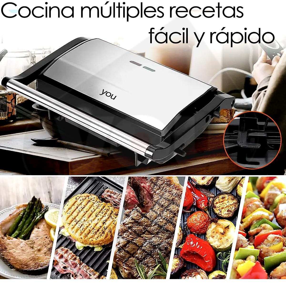 Parrilla Panini Grill Sandwich Doble Placa Antiadherente Abertura de 180°