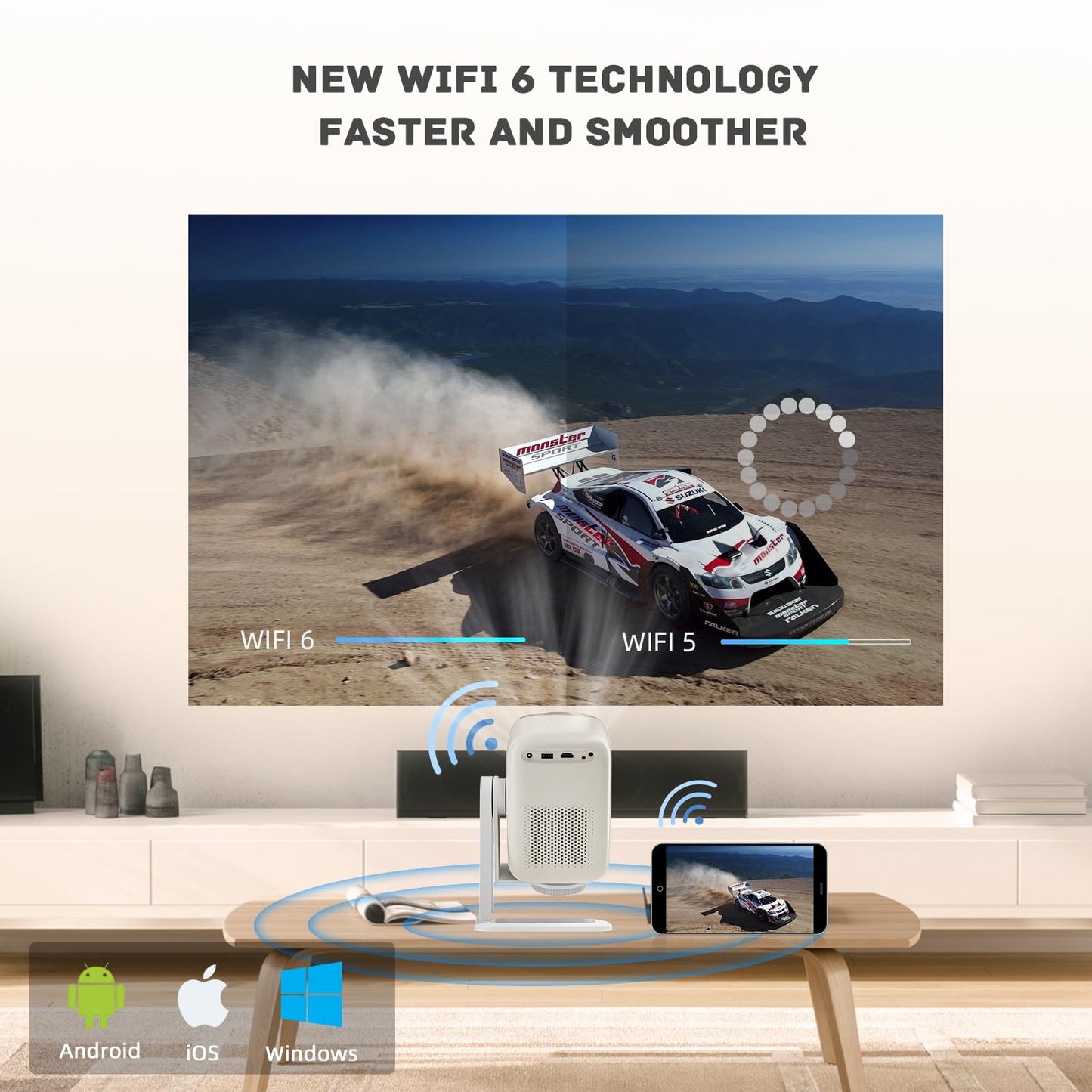 Kinhank Proyector inteligente con WiFi 6 y BT5.2, proyector de película portátil, 450 lúmenes ANSI, 4K nativo 1080P, enfoque automático y piedra clave automática, compatible con iOS/Android/HDMI