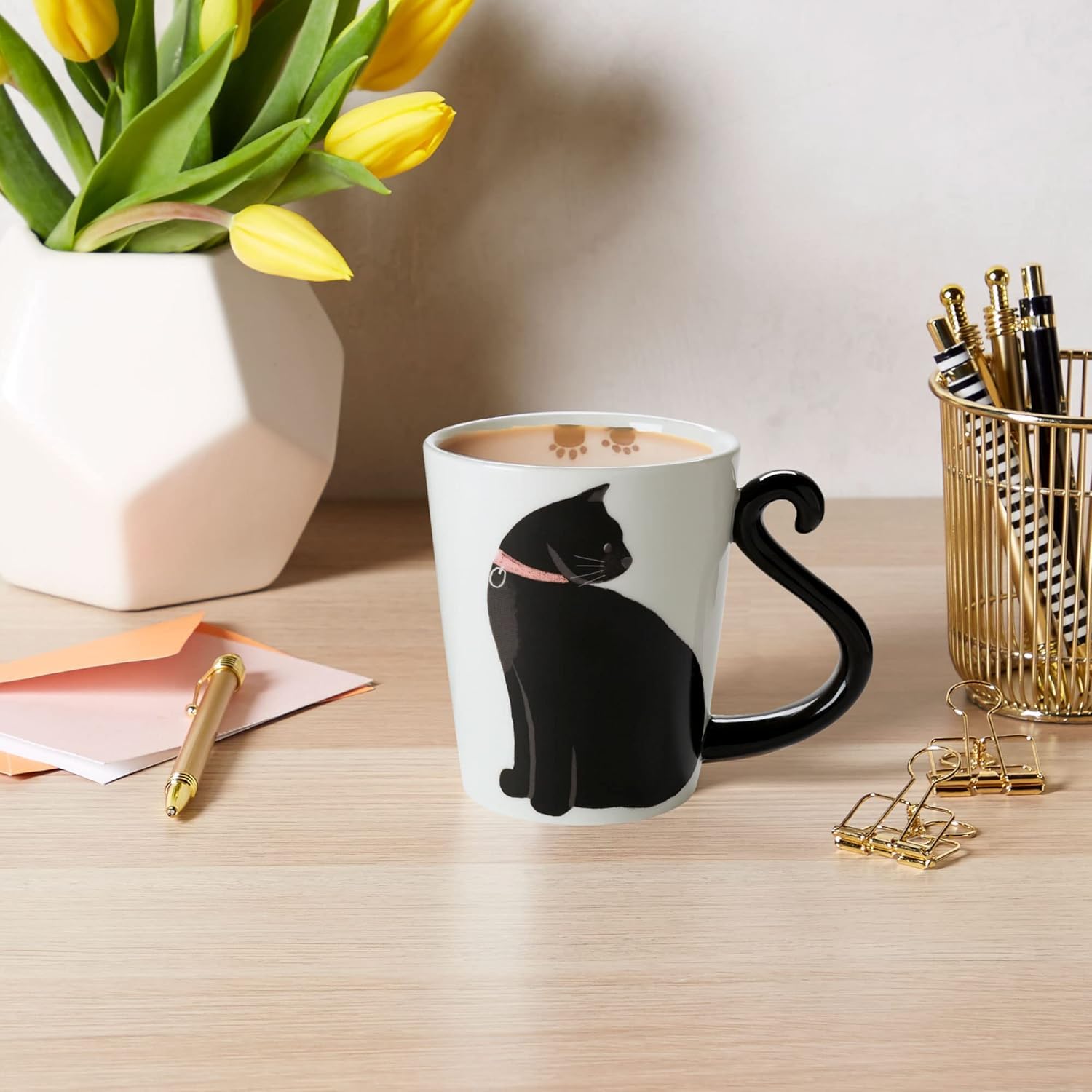 Tazas de Cerámica Animal con Diseño Impreso a Mano Gato Blanca