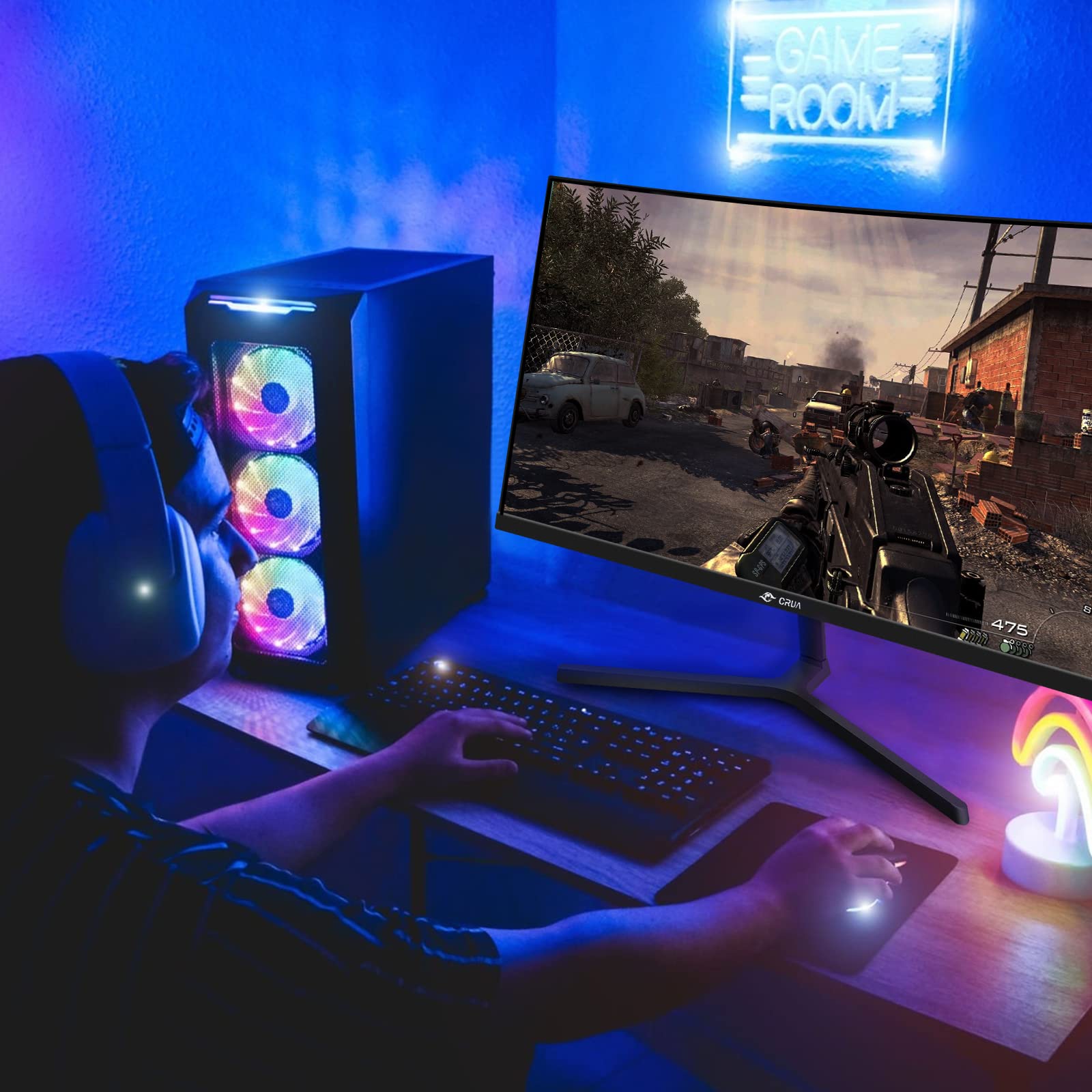 CRUA - Monitor curvo de 24 pulgadas para juegos, 144 Hz/165 Hz, FHD 1080P sin marco, compatible con AMD freesync Bajo desenfoque de movimiento, cuidado ocular, VESA, DisplayPort, HDMI, color negro