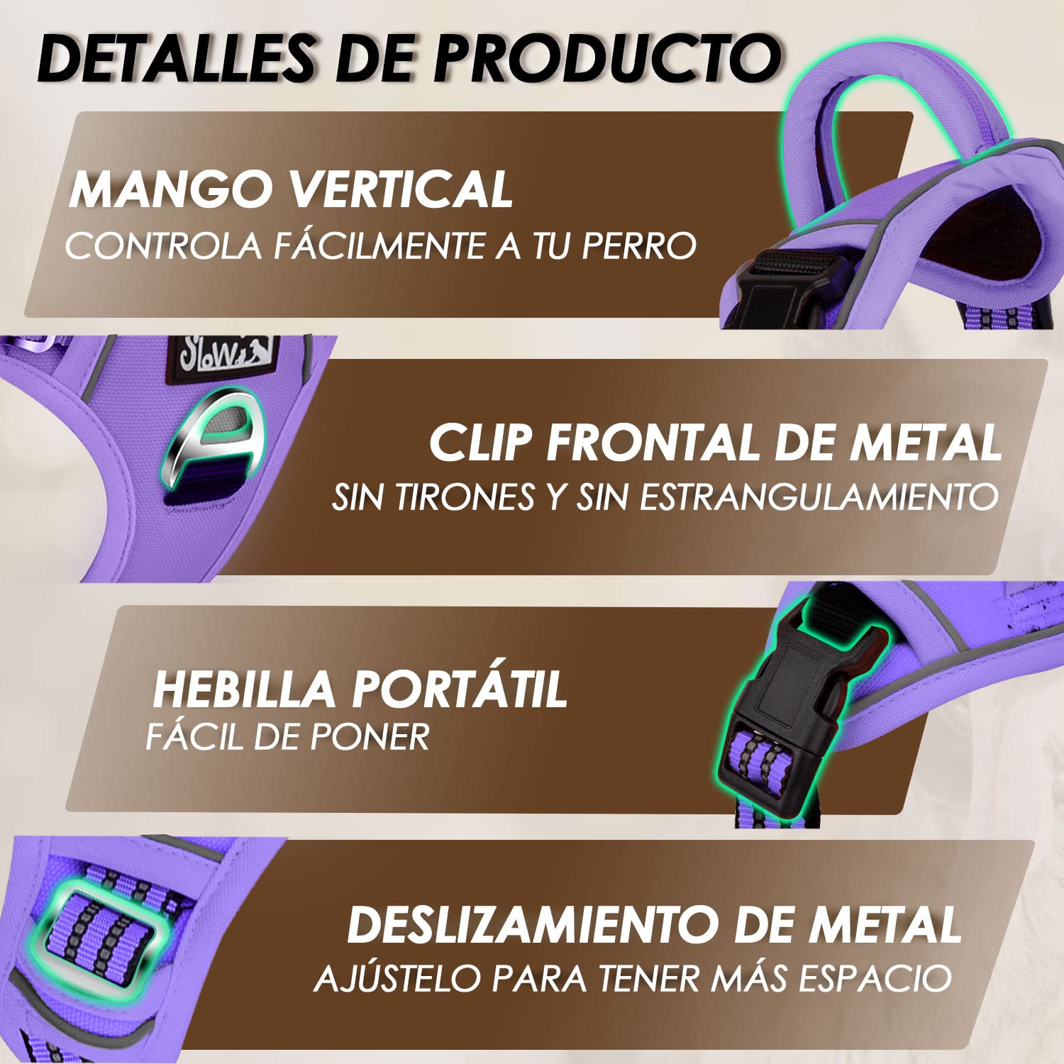 Arnés de Perros SlowTon Púrpura Reflectante Transpirable Ajustable Anti Tirones para Entrenamiento (XL)