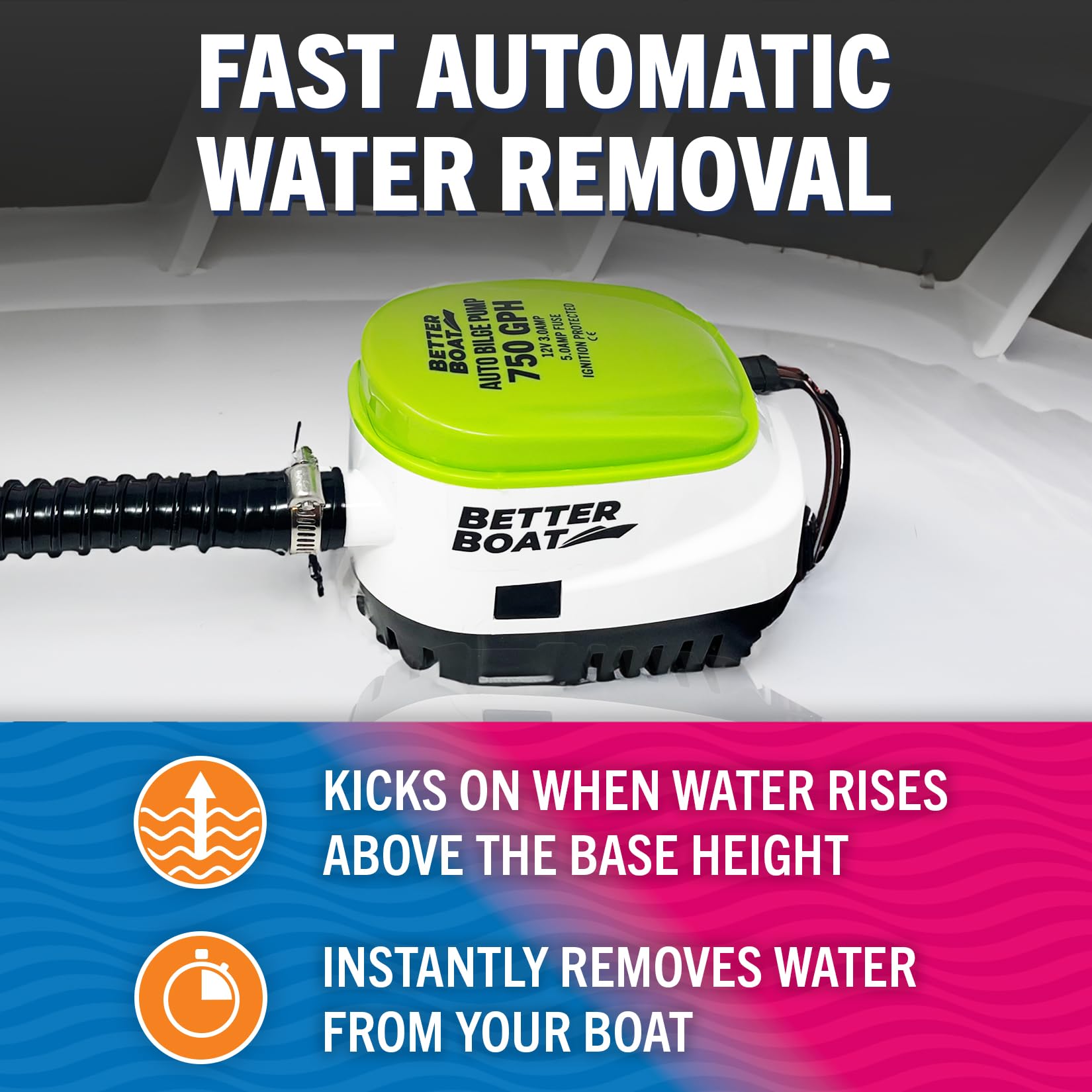 Better Boat Bomba de sentina automática, bomba sumergible de 12 V de 750 GPH con interruptor de flotador integrado, toma de 3/4 pulgadas, compatible con botes de bajo, Jon Boats y más