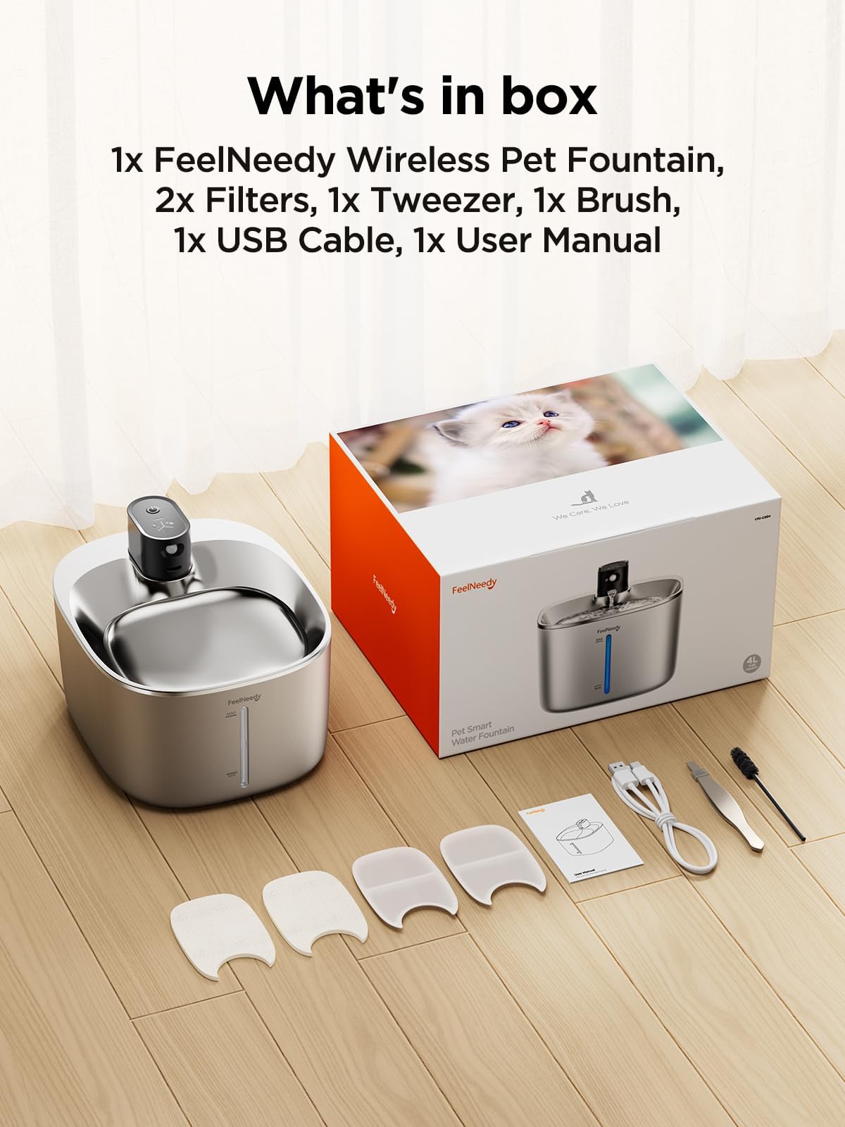 Fuente de Agua FEELNEEDY Acero Inoxidable con Sensor de Movimiento para Gatos y Perros