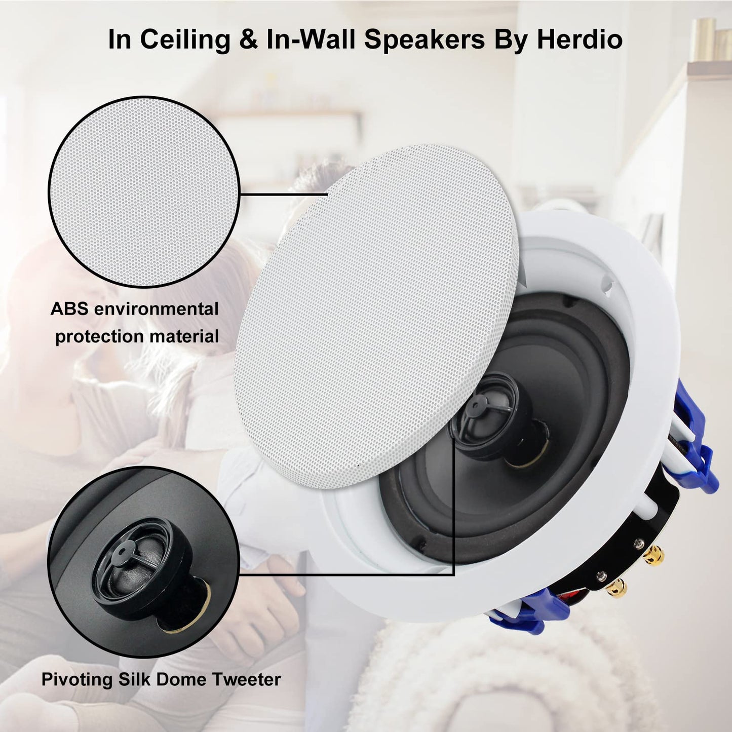 Herdio Altavoces de Techo de 5.25 Pulgadas, 600 W, Montaje Empotrado de 2 vías con Receptor Amplificador de Montaje en Pared, Perfecto para Cine en casa, baño, Compatible con Bluetooth(4 Altavoces)