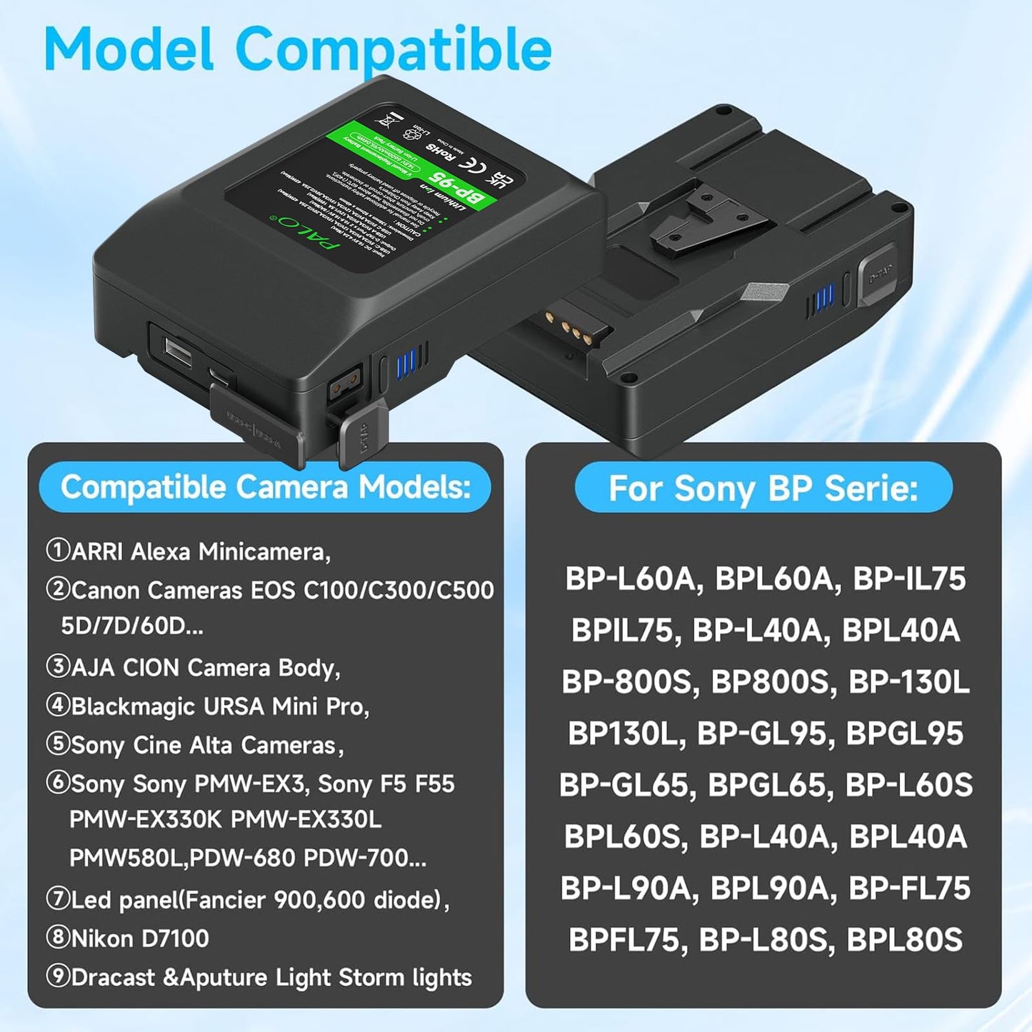 Batería de Montaje en V de 95 WH 14.4 V 6600 mAh, Carga de ayuno para videocámara de transmisión de Video, Compatible con Sony HDCAM, XDCAM, cámaras de Cine Digital y Otras videocámaras