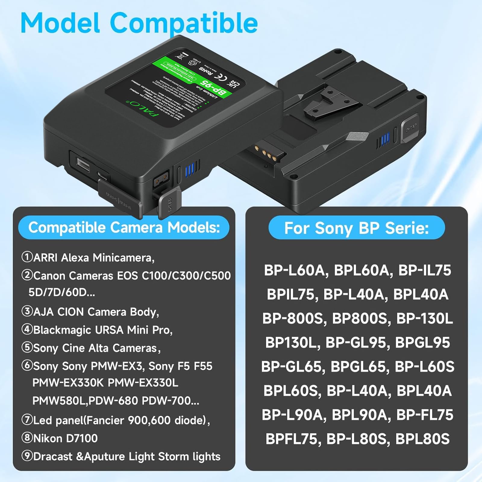 Batería de Montaje en V de 95 WH 14.4 V 6600 mAh, Carga de ayuno para videocámara de transmisión de Video, Compatible con Sony HDCAM, XDCAM, cámaras de Cine Digital y Otras videocámaras