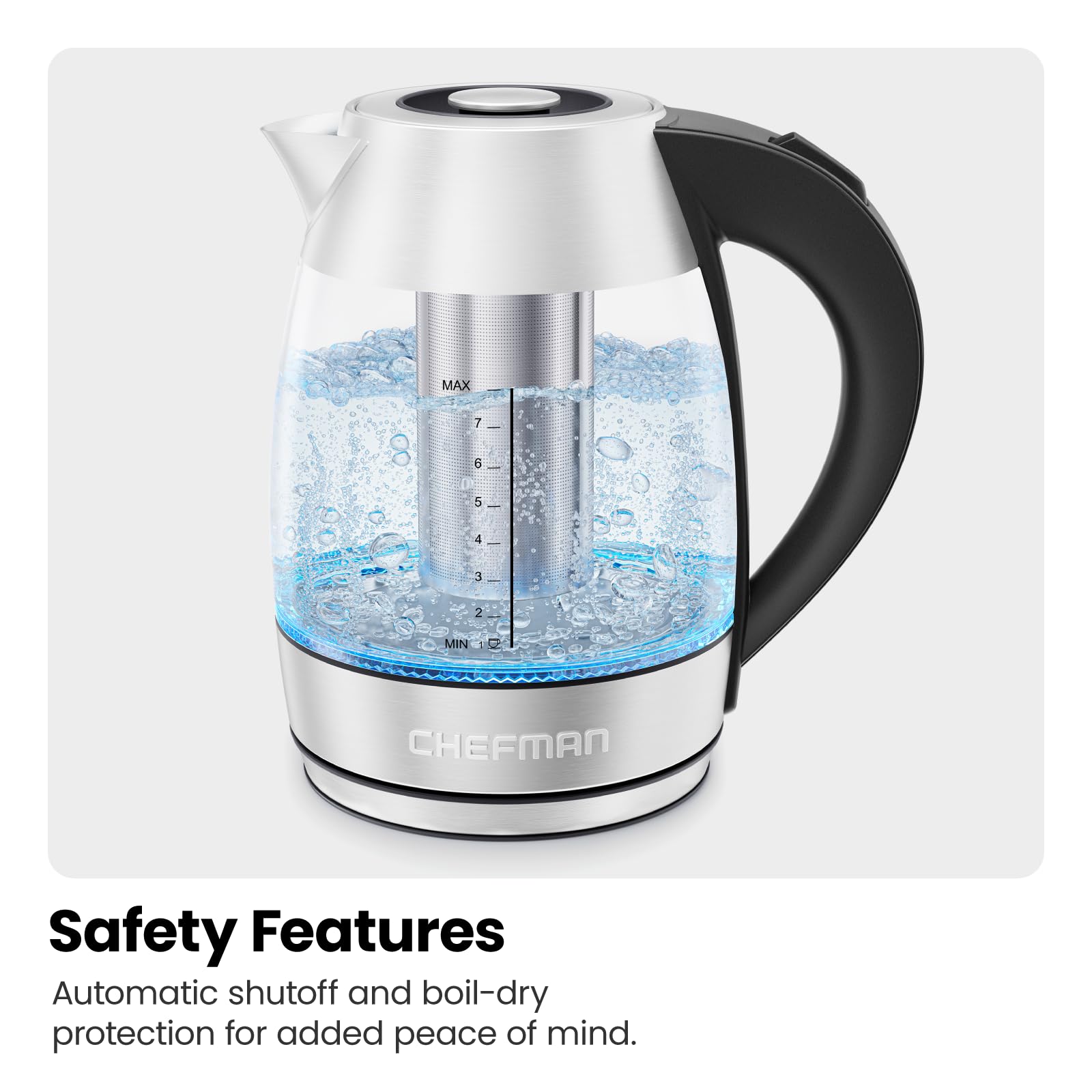 Chefman Fast W/luces LED Auto Shutoff & Hervir Seco Protección Inalámbrica, Sin BPA, Extraíble, 1,8 litros, Hervir rápido + infusor de té