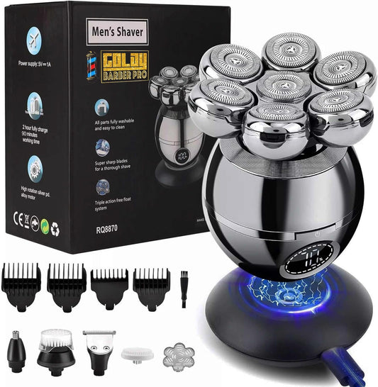 Afeitadora de cabeza flotante 7D para hombres calvos, kit de cuidado personal 5 en 1, pantalla LED, afeitadora de cráneo resistente al agua IPX6, carga inalámbrica tipo C, afeitado rotatorio de