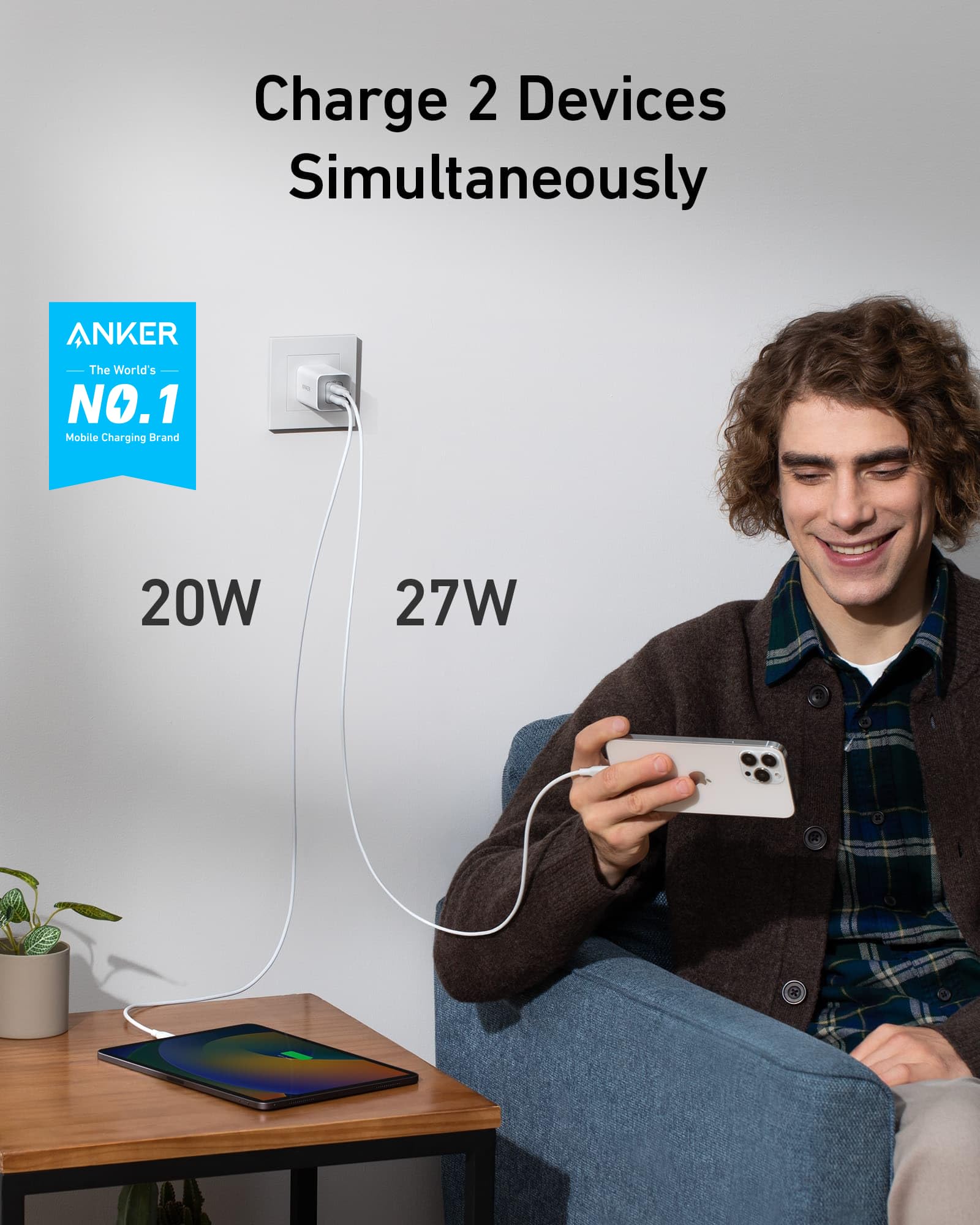 Cargador USB-C Anker Negro Rápido GAN Compacto 47 W de 2 Puertos
