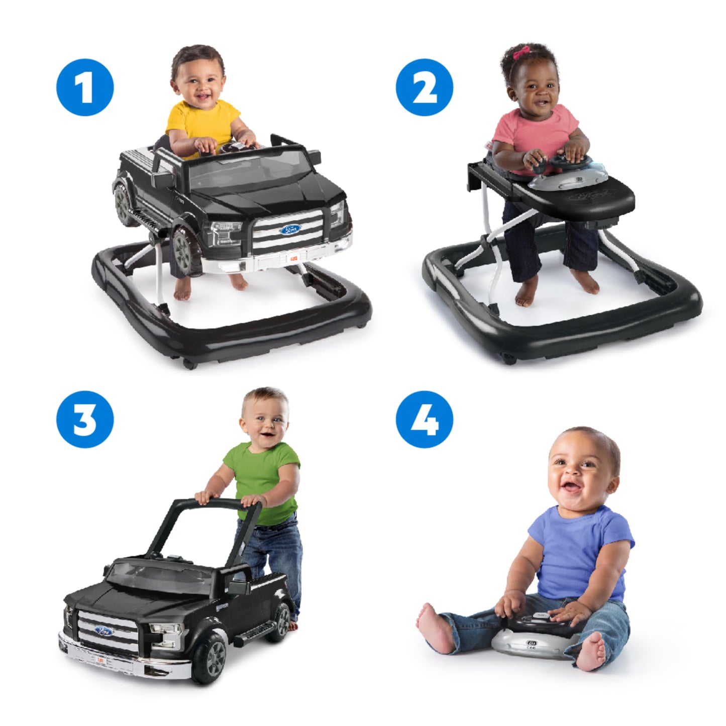 Bright Starts Ford F-150 4 en 1 Ágata negro centro de actividades para bebé y caminante de empuje con volante interactivo extraíble, juguete de 6 meses en adelante