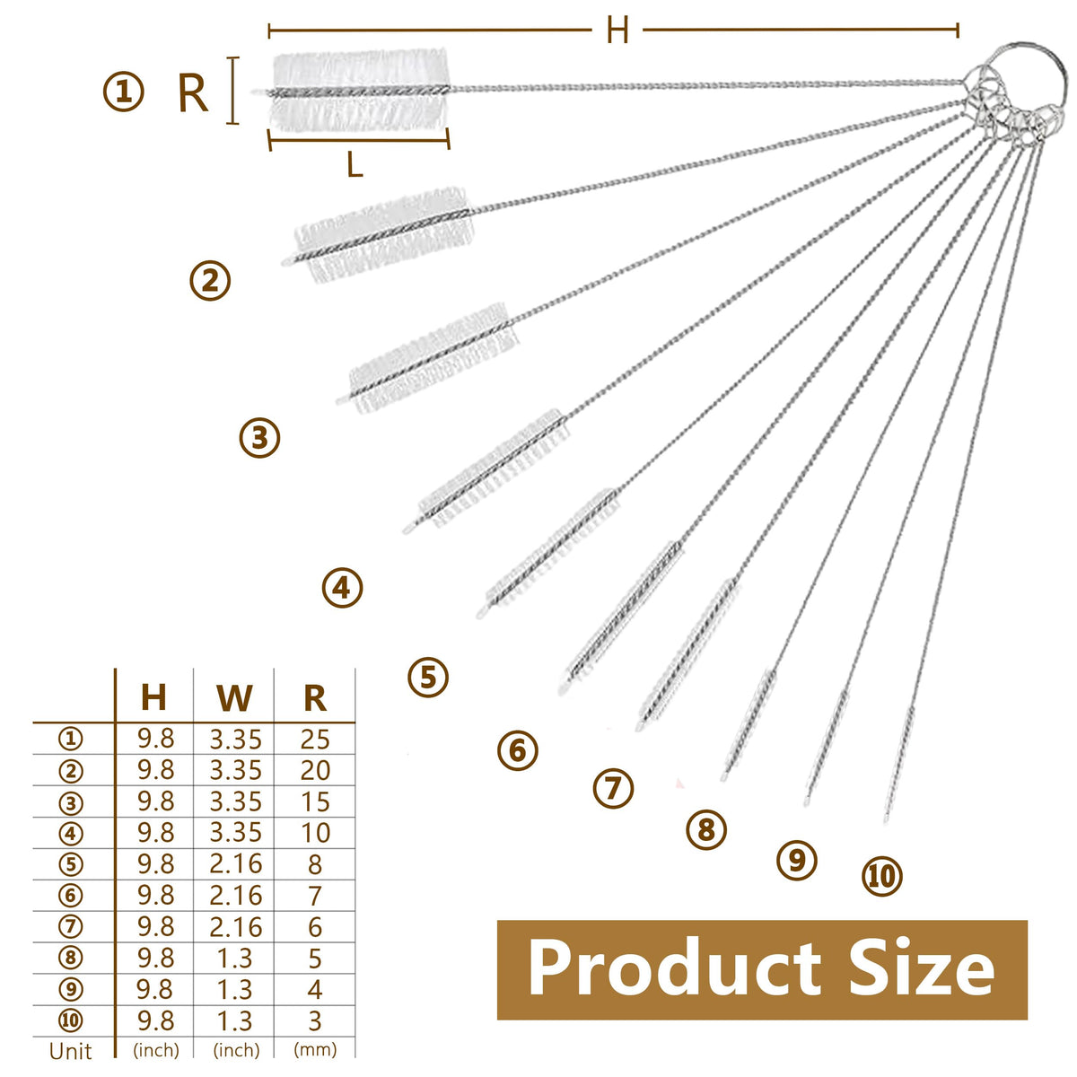 CIDYAUST - Juego de cepillos para limpiar pajitas, 10 cepillos de 10 pulgadas de largo, limpiador de tubos de nailon con 10 diámetros diferentes. Cepillo para biberón, vaso, taza para beber y