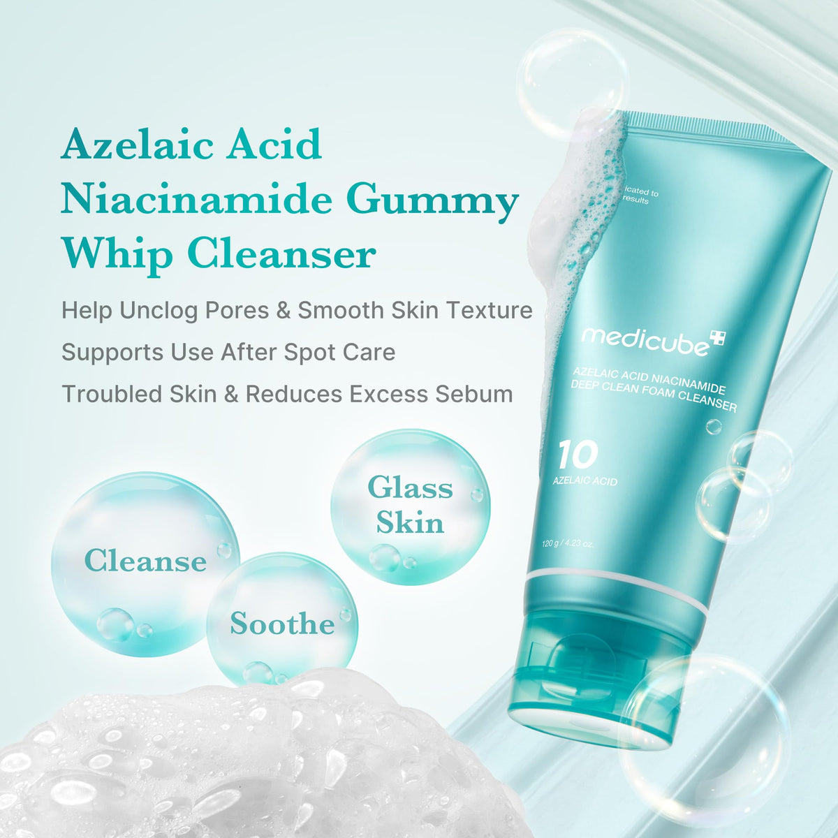 medicube Facial Cleanser Azelaic Acid Whip Cleanser | Soothing Cleansing Foam for Troubled Skin | Ideal for use after spot care, Excess Sebum Control | Niacinamide, Glycerin | Korean Skincare, 4.23 oz