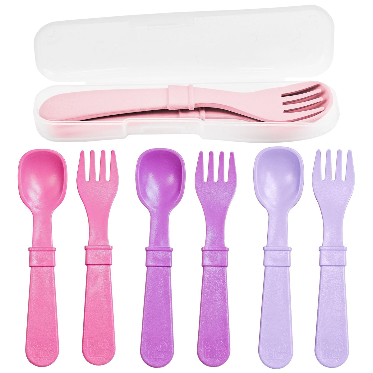 Re Play - Tenedores y cucharas para niños pequeños, paquete de 8 con estuche de transporte, 4 tenedores para niños con puntas redondeadas y 4 cucharas profundas para niños pequeños, utensilios de 0.2 pulgadas de grosor con estuche, princesa