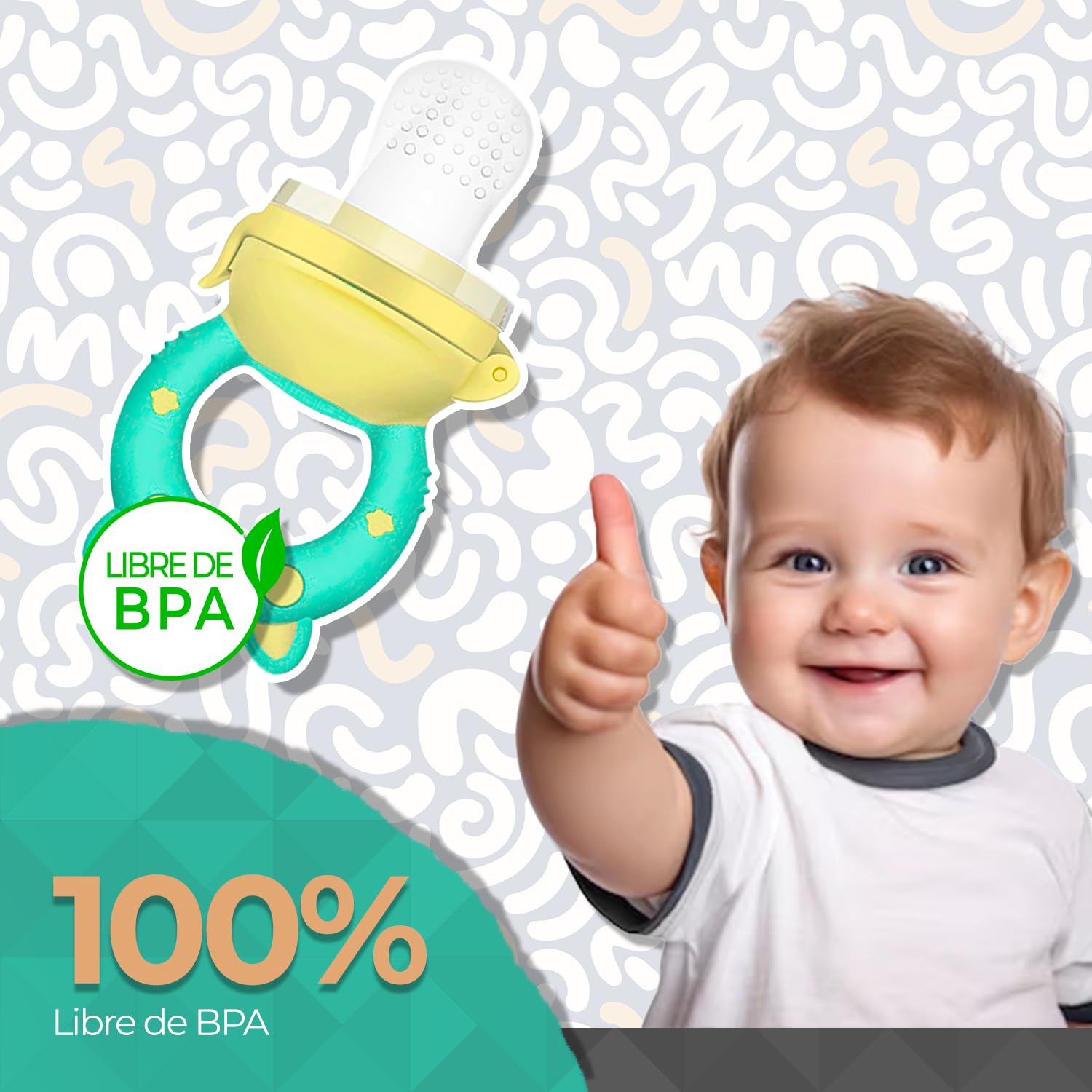 Chupones/Chupetes Ergonómicos para Frutas, Papillas y Cereales con Seguro y Tapa Protectora Libre de BPA, Dibujos Animados, Unisex de 4m+ (Pig Verde Amarillo)