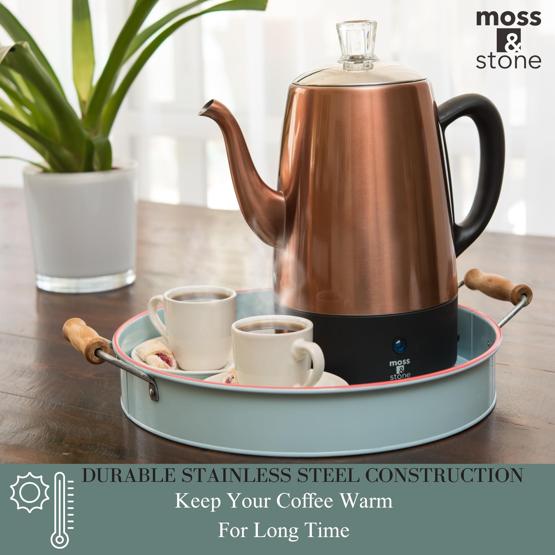 Cafetera eléctrica Moss & Stone de acero inoxidable para 10 tazas, cafetera eléctrica con función de mantener caliente, cafetera eléctrica de acero inoxidable para 10 tazas con cesta para café