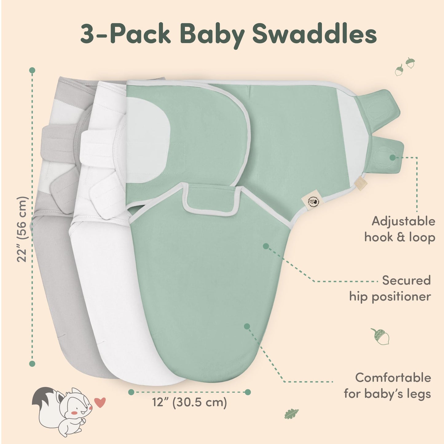 Sweety Fox - Saco de dormir para bebé de 0 a 3 meses GOTS Swaddles para recién nacidos, paquete de 3 unidades, musgo, manta para envolver