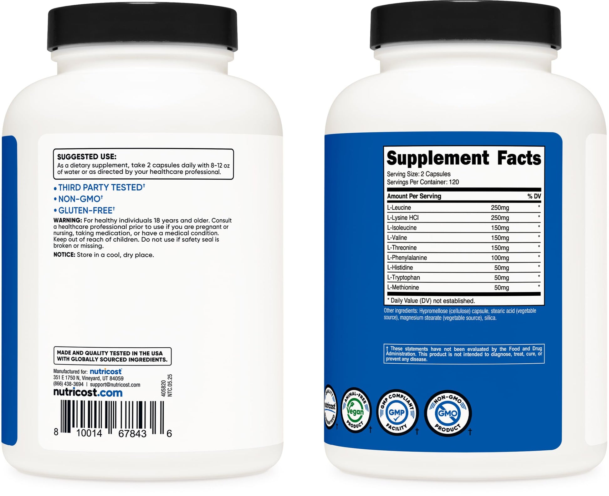 Cápsulas Nutricost EAA 1200 mg Aminoácidos Esenciales Veganas Sin Gluten