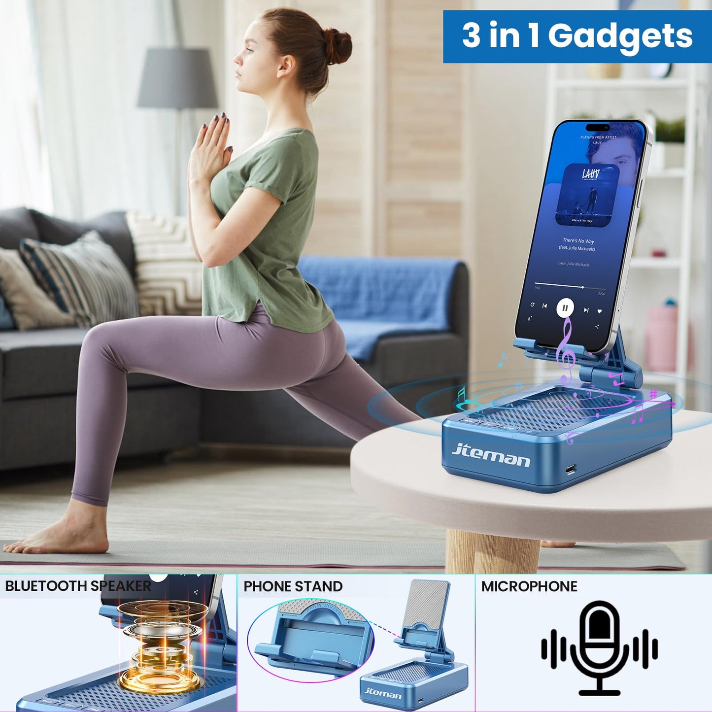 JTEMAN Soporte para teléfono con altavoz Bluetooth inalámbrico, altavoz Bluetooth de sonido envolvente HD para escritorio, perfecto para el hogar, accesorios de cocina, regalos, compatible con iPhone
