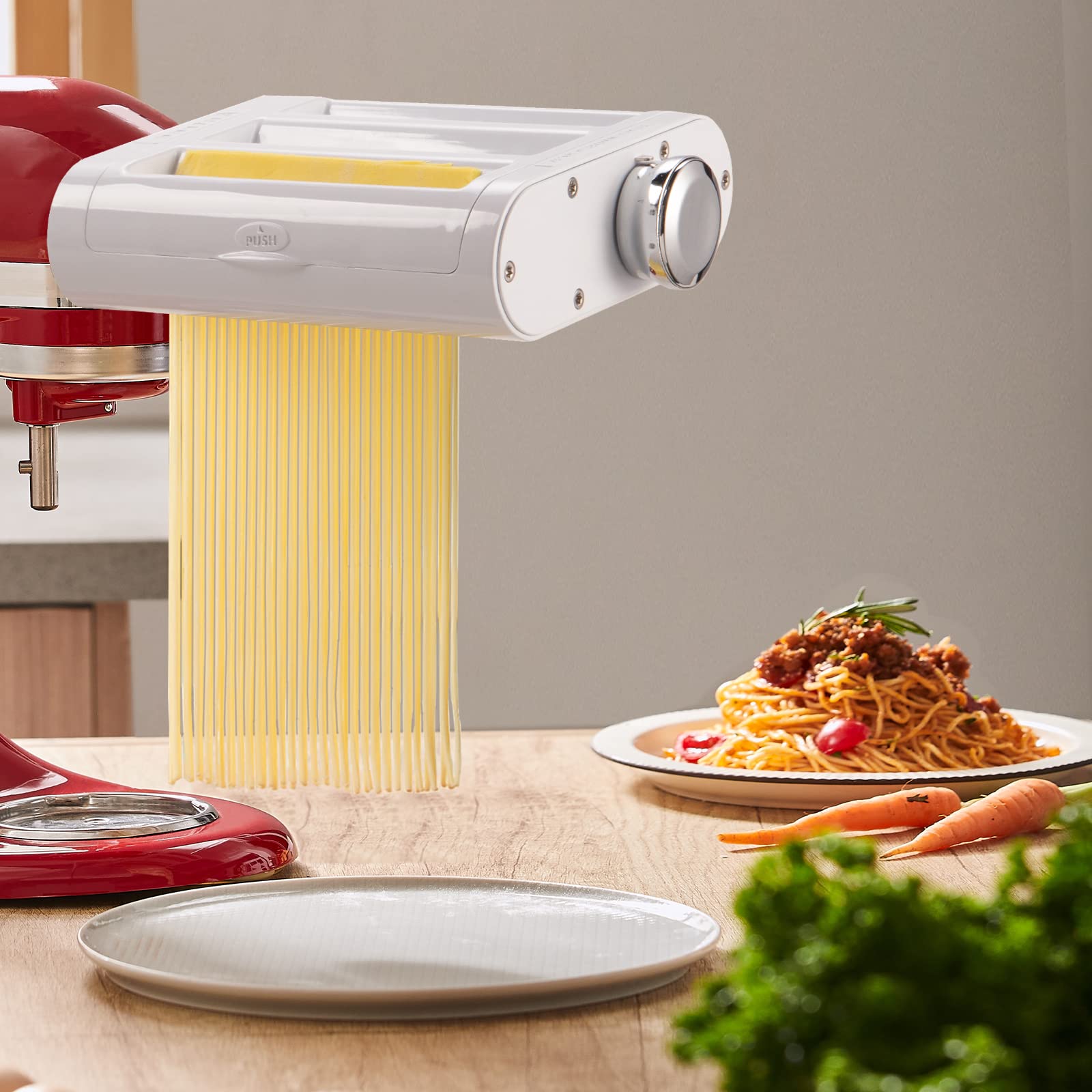 Antree Juego 3 en 1 para batidoras KitchenAid incluye rodillo de hoja de pasta, cortador de espaguetis, accesorios para cortador de fettuccine y cepillo para polvo de limpieza