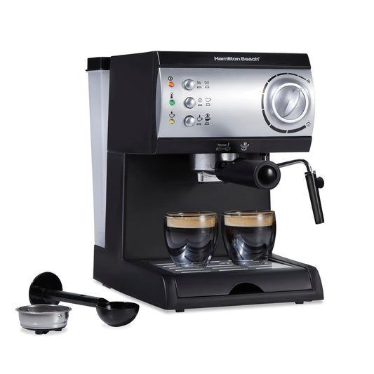 Hamilton Beach 40715 Cafetera Espresso, 2 Tazas, Cappuccino, Mocha y Latte, 15 Bares, Negro y Plata